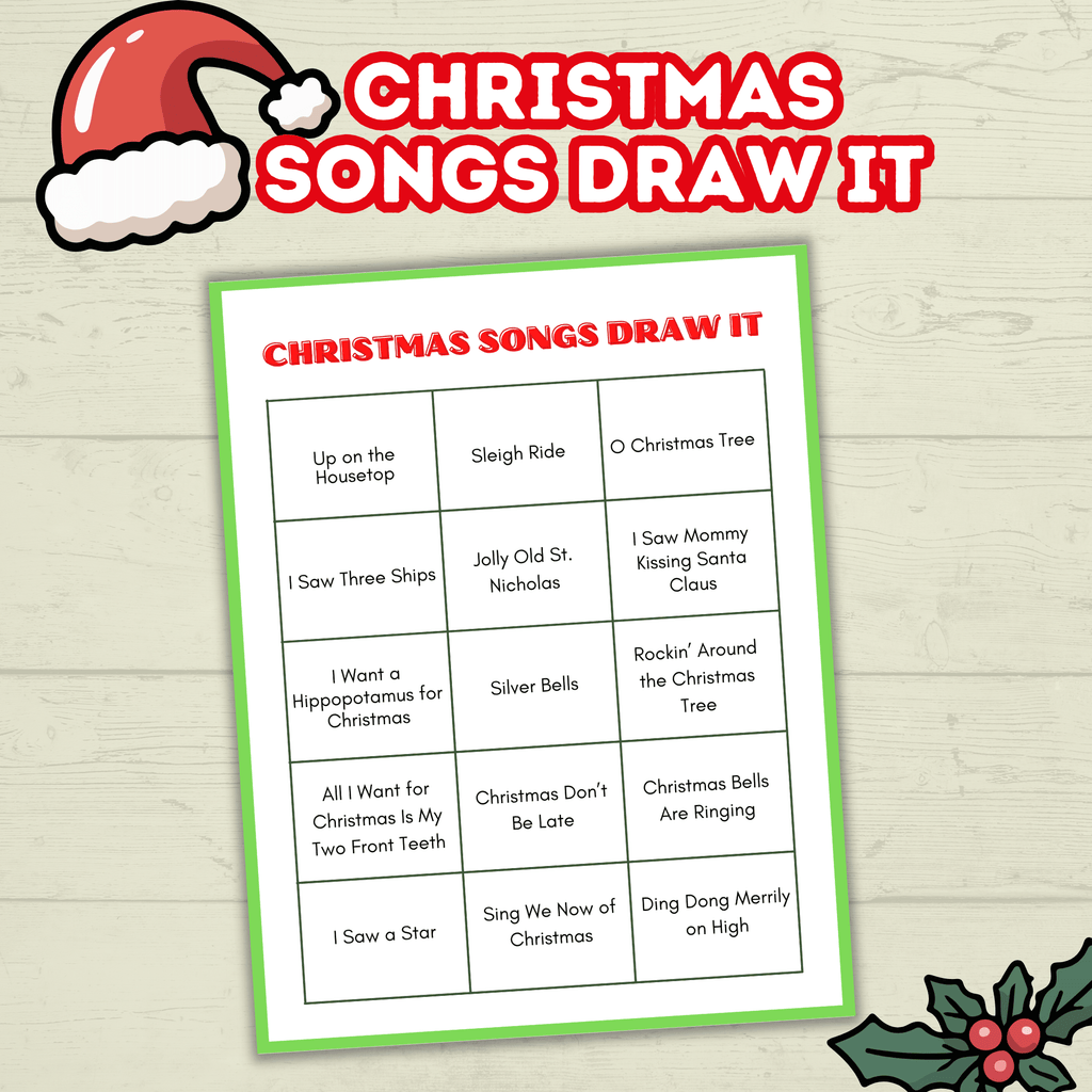 Christmas Printable Song Party Game for Kids and Family, Draw It, Charades
