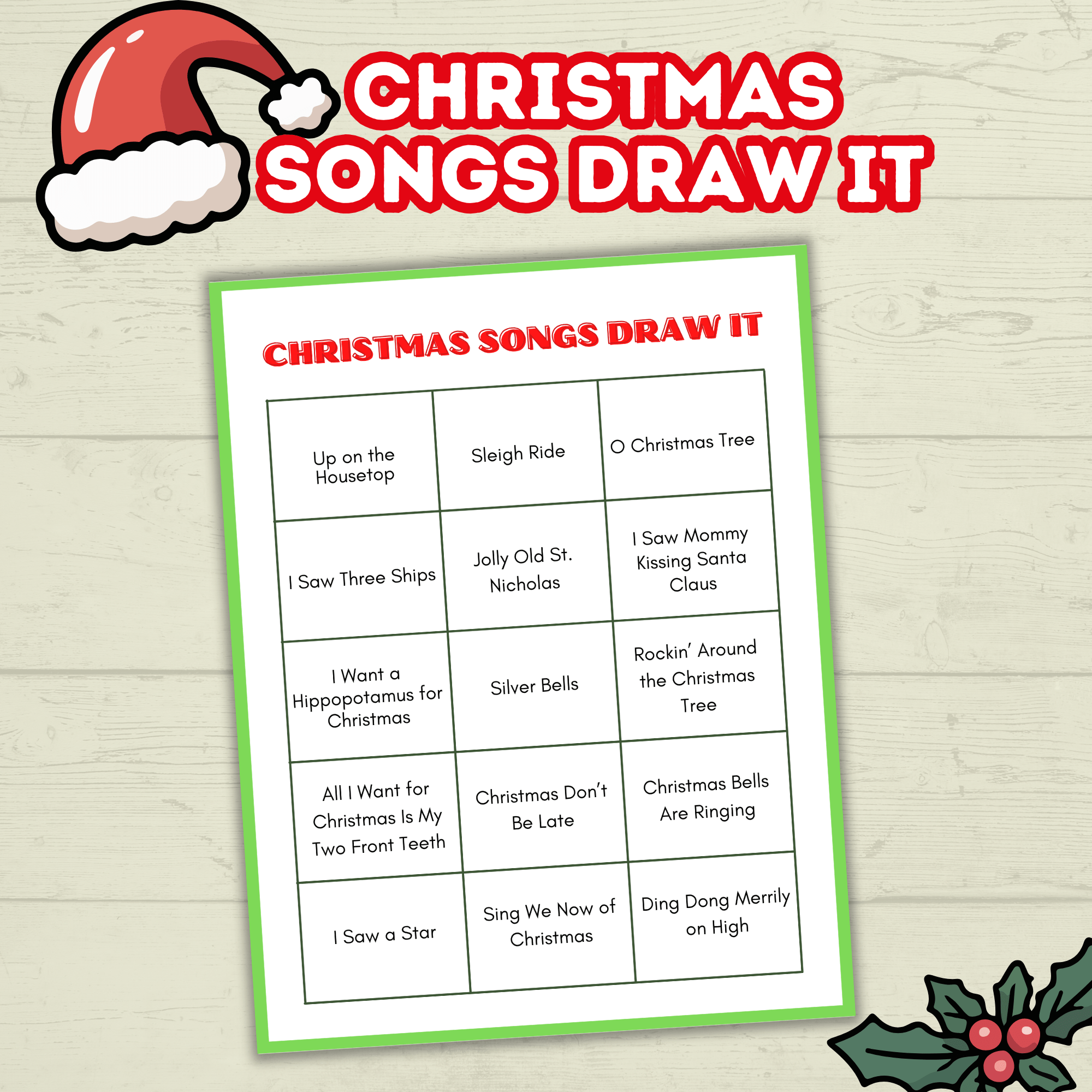 Christmas Printable Song Party Game for Kids and Family, Draw It, Charades