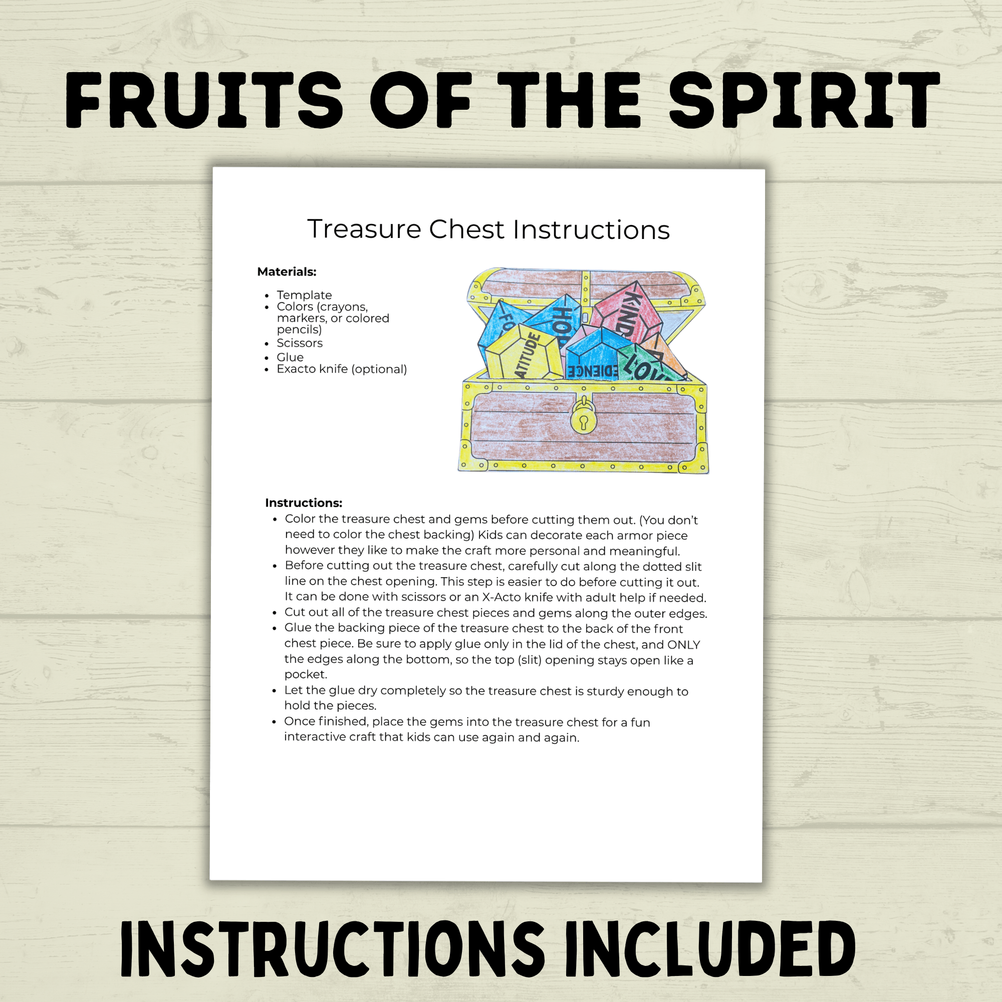 Fruits of the Spirit Craft, Treasure Chest Craft, Kids Craft Template, Sunday School Craft, Bible Lesson, Cut and Paste, Christian Activity