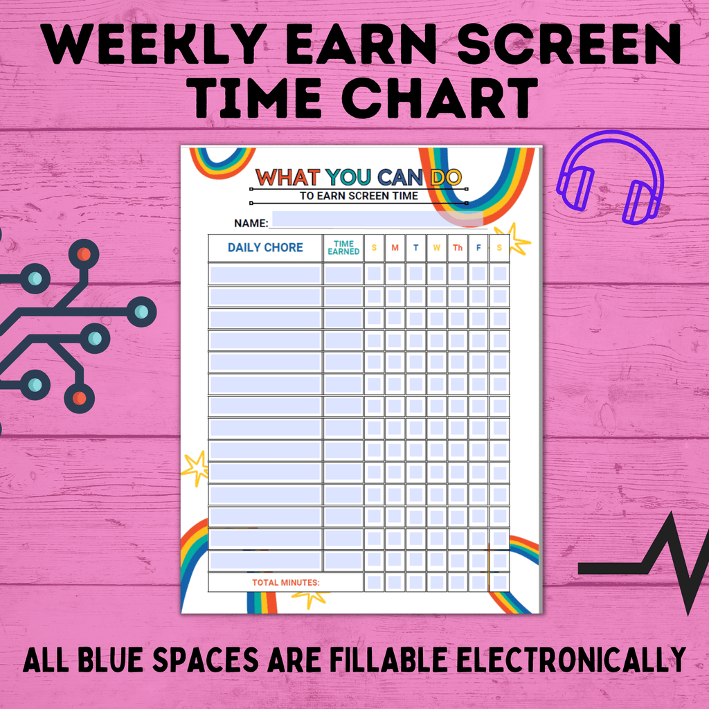 Weekly Earn Screen Time Chart for Kids | Screen Time Chart | TV Chart | Cell Phone Chart | Electronic Chart | Chore Chart | Kids Chart