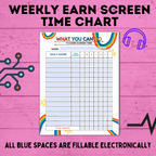 Weekly Earn Screen Time Chart for Kids | Screen Time Chart | TV Chart | Cell Phone Chart | Electronic Chart | Chore Chart | Kids Chart