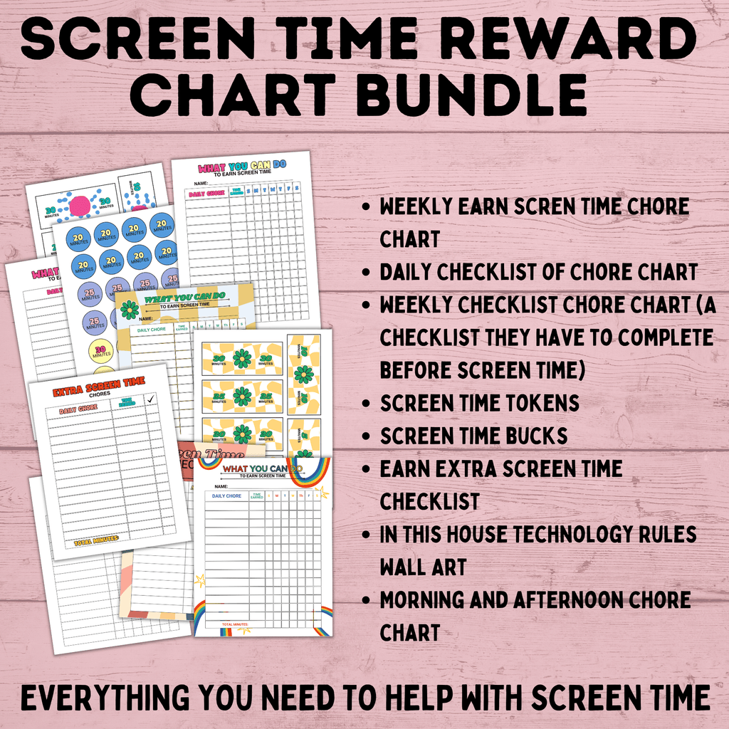 Screen Time Reward Chart Bundle | Kids Chore Chart | Kids Checklist | Chart for Kids | Technology Chart | Screen Time Bucks | Earn Screen