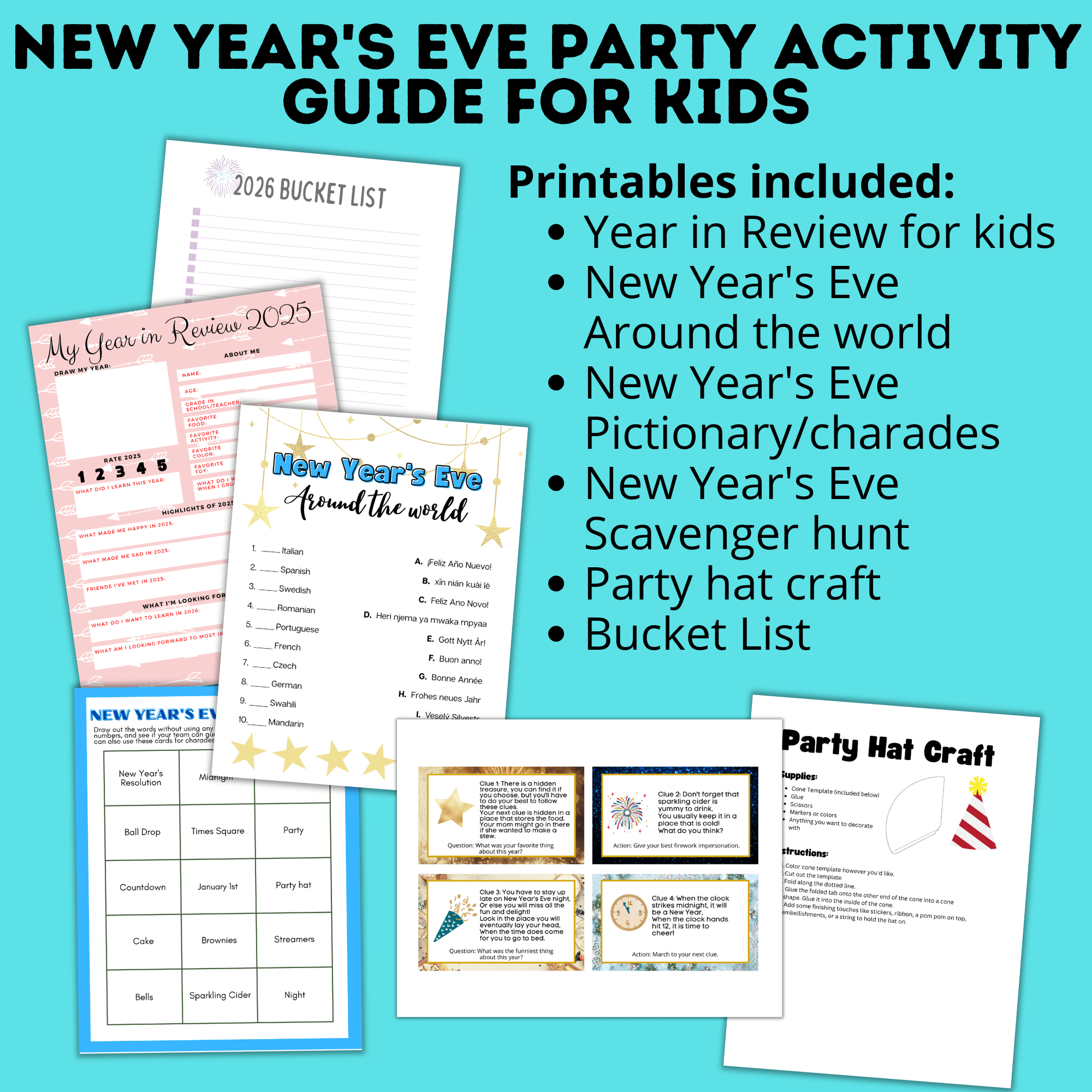 New Year's Eve 12-Hour Countdown Activity for Kids | NYE Games | Kids Games | NYE Printables