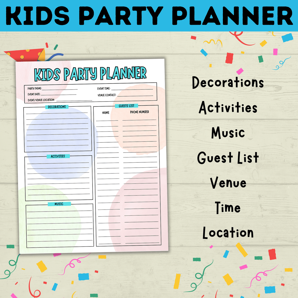 Kid's Party Planner | Kid's Birthday Party planner | Kids Planner | Party activity | Party Printable | Planning Printable | Digital Planner