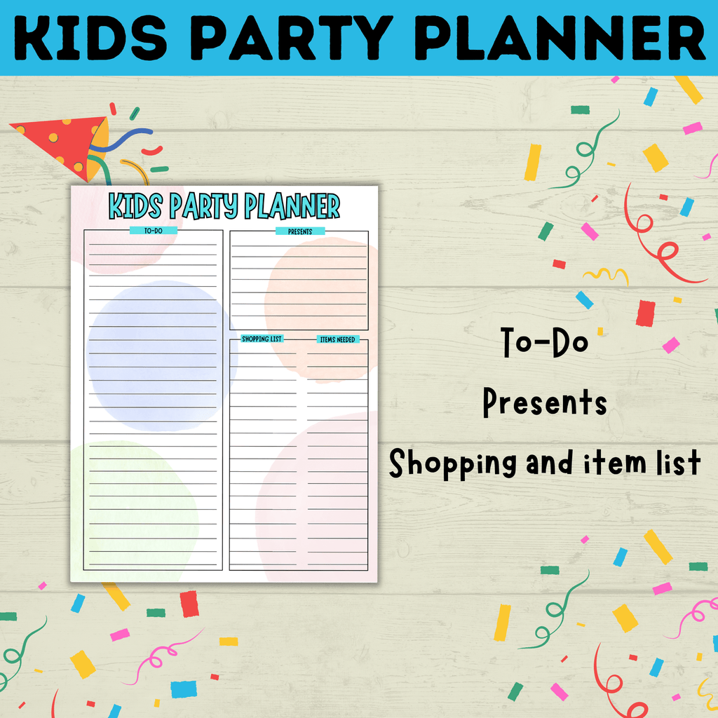 Kid's Party Planner | Kid's Birthday Party planner | Kids Planner | Party activity | Party Printable | Planning Printable | Digital Planner