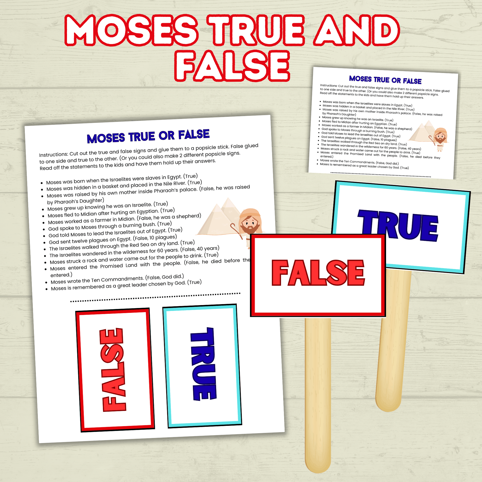 Moses True and False, Moses Trivia, Moses Activity, Sunday School Activity, Bible Lesson, Old Testament, Genesis, Exodus, Christian Activity