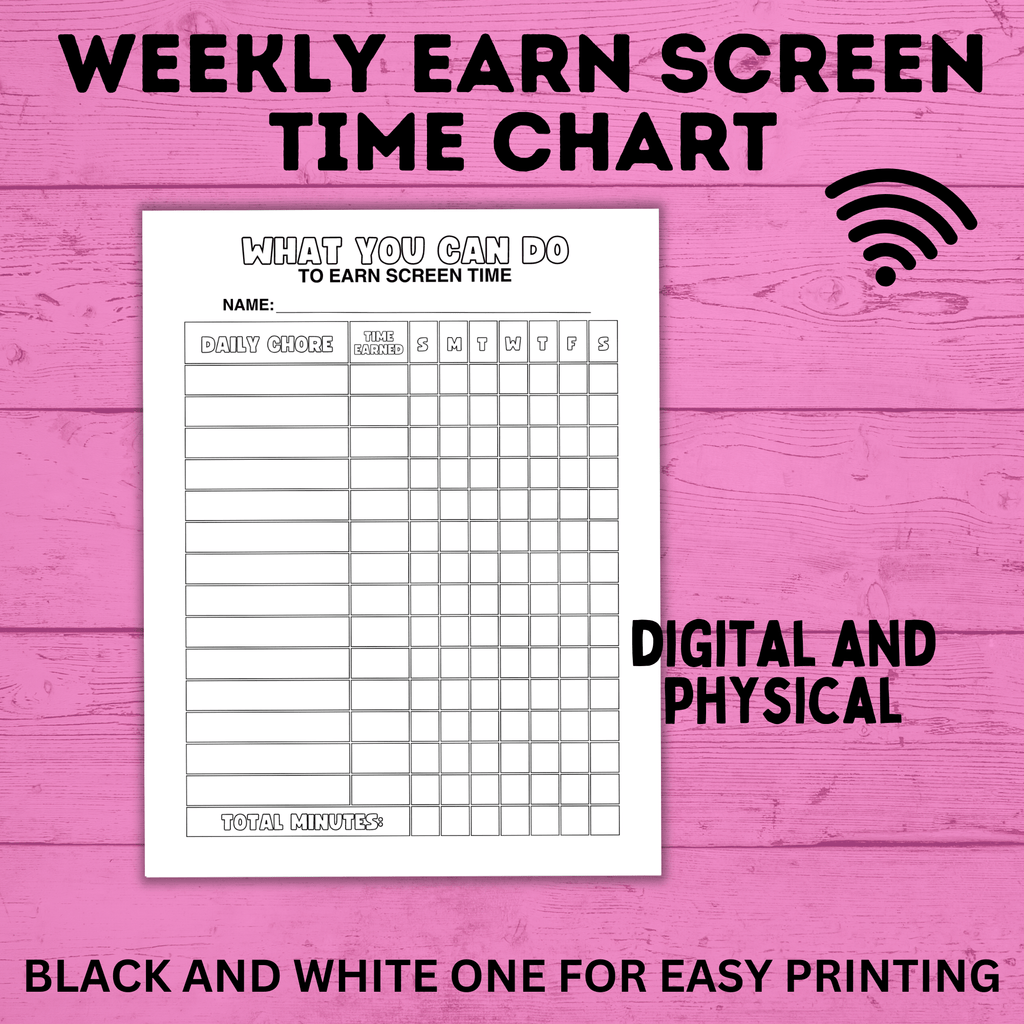 Weekly Earn Screen Time Chart for Kids | Screen Time Chart | TV Chart | Cell Phone Chart | Electronic Chart | Chore Chart | Kids Chart
