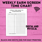 Weekly Earn Screen Time Chart for Kids | Screen Time Chart | TV Chart | Cell Phone Chart | Electronic Chart | Chore Chart | Kids Chart