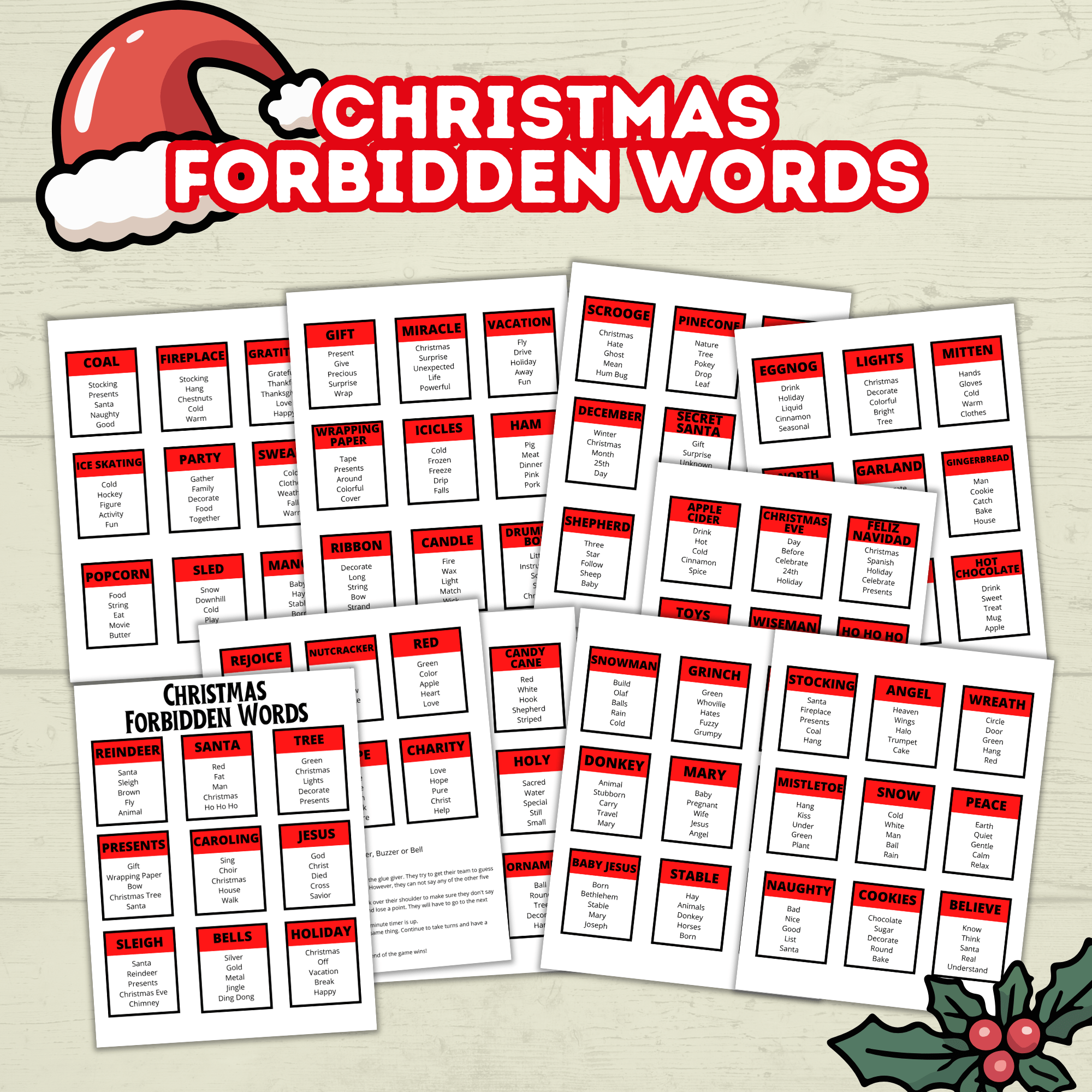 Christmas Classroom Printable Cards Game for Kids, Christmas Forbidden Words