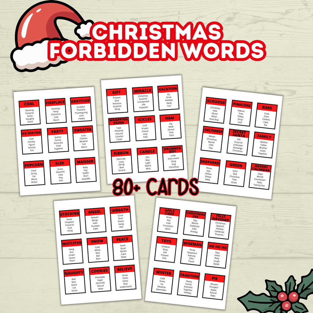 Christmas Classroom Printable Cards Game for Kids, Christmas Forbidden Words