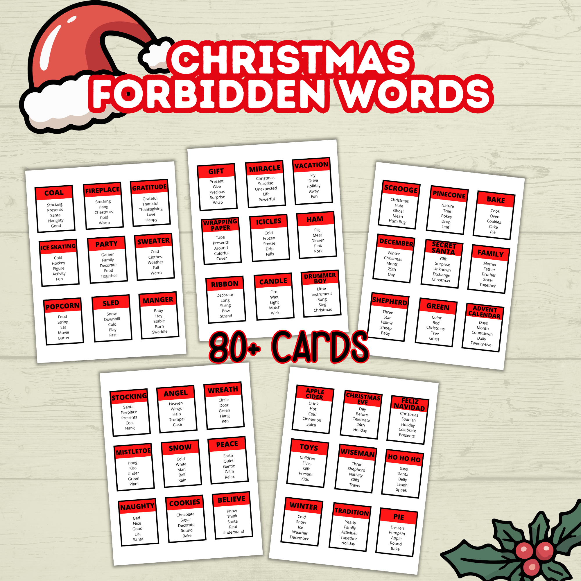 Christmas Classroom Printable Cards Game for Kids, Christmas Forbidden Words