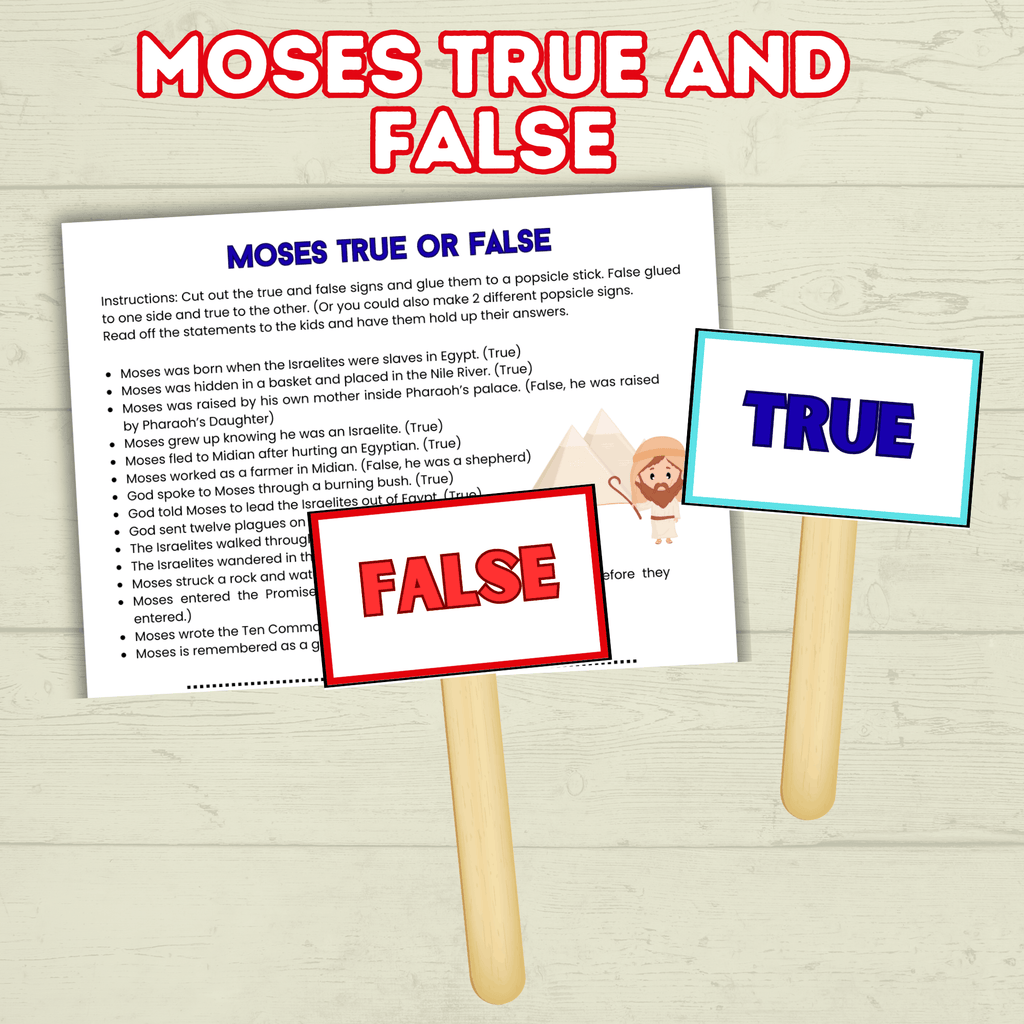Moses True and False, Moses Trivia, Moses Activity, Sunday School Activity, Bible Lesson, Old Testament, Genesis, Exodus, Christian Activity