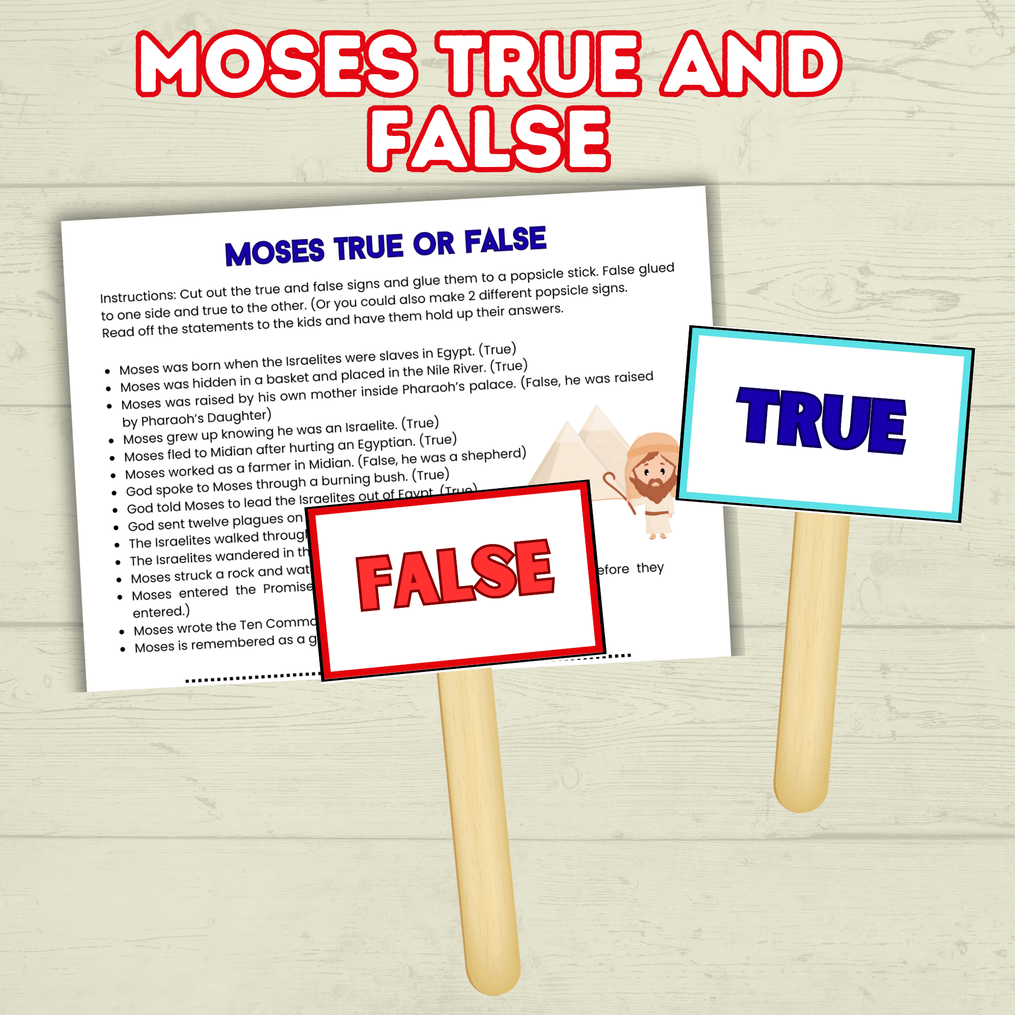 Moses True and False, Moses Trivia, Moses Activity, Sunday School Activity, Bible Lesson, Old Testament, Genesis, Exodus, Christian Activity