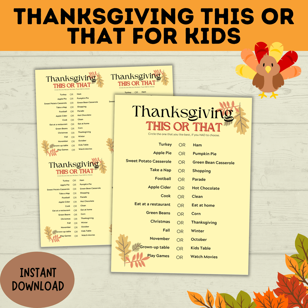 Thanksgiving This or That | Thanksgiving Game | Dinner Game | Party Game | Kids Activities | Kids Games | Thanksgiving Activity