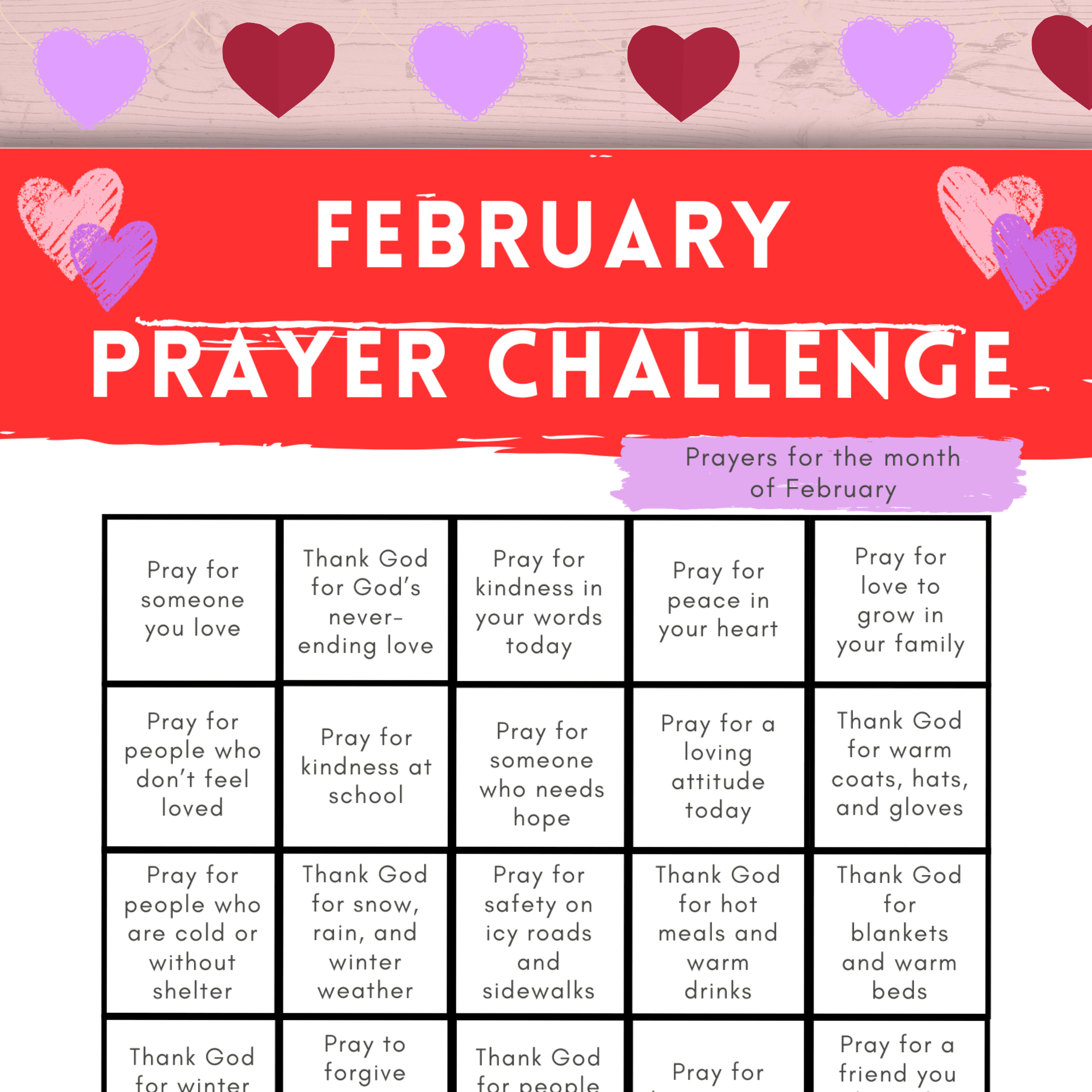 February Prayer Challenge, Prayer Prompts, Kids Prayer Challenge Valentine's Day