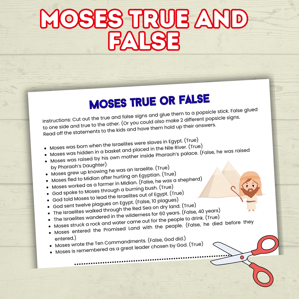Moses True and False, Moses Trivia, Moses Activity, Sunday School Activity, Bible Lesson, Old Testament, Genesis, Exodus, Christian Activity
