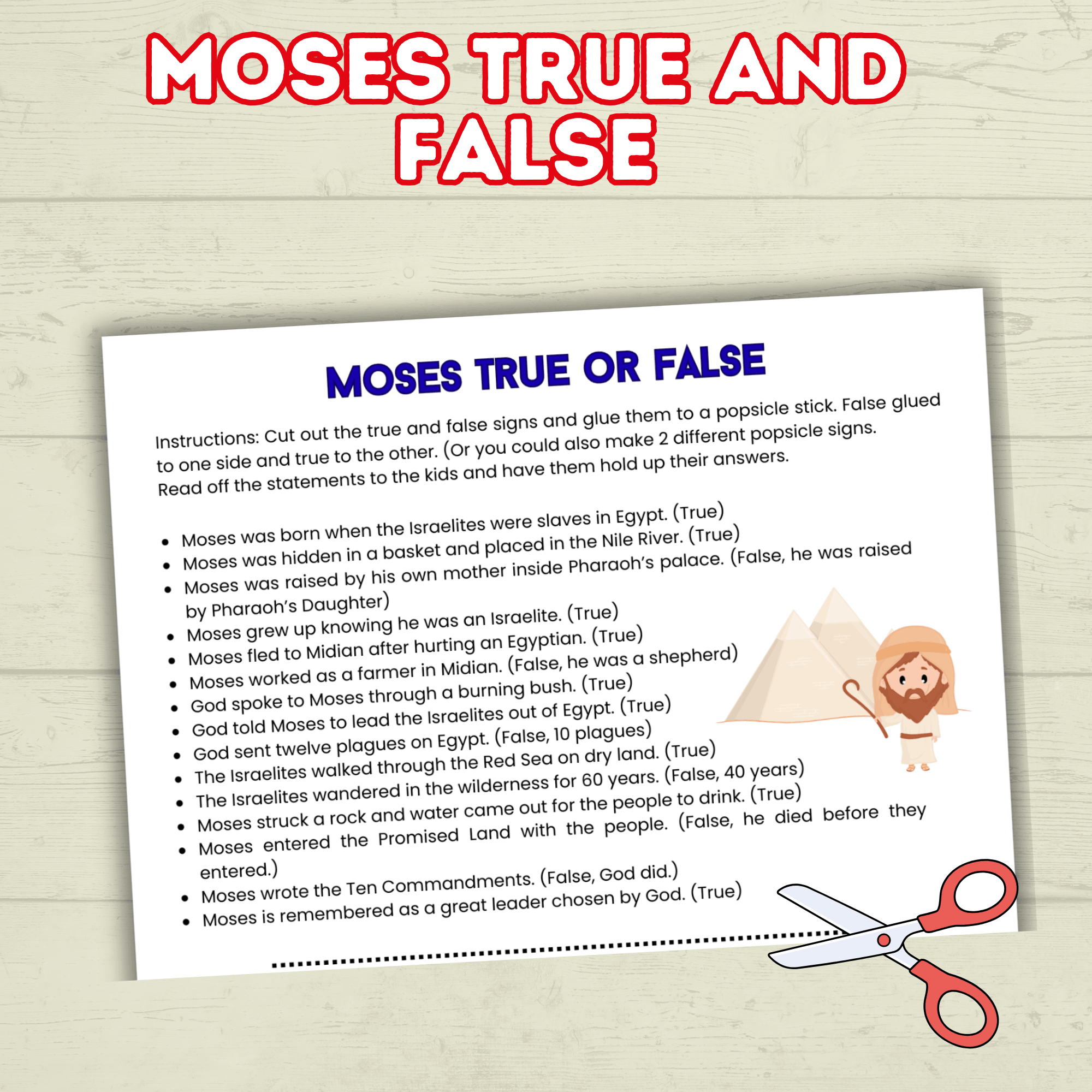 Moses True and False, Moses Trivia, Moses Activity, Sunday School Activity, Bible Lesson, Old Testament, Genesis, Exodus, Christian Activity