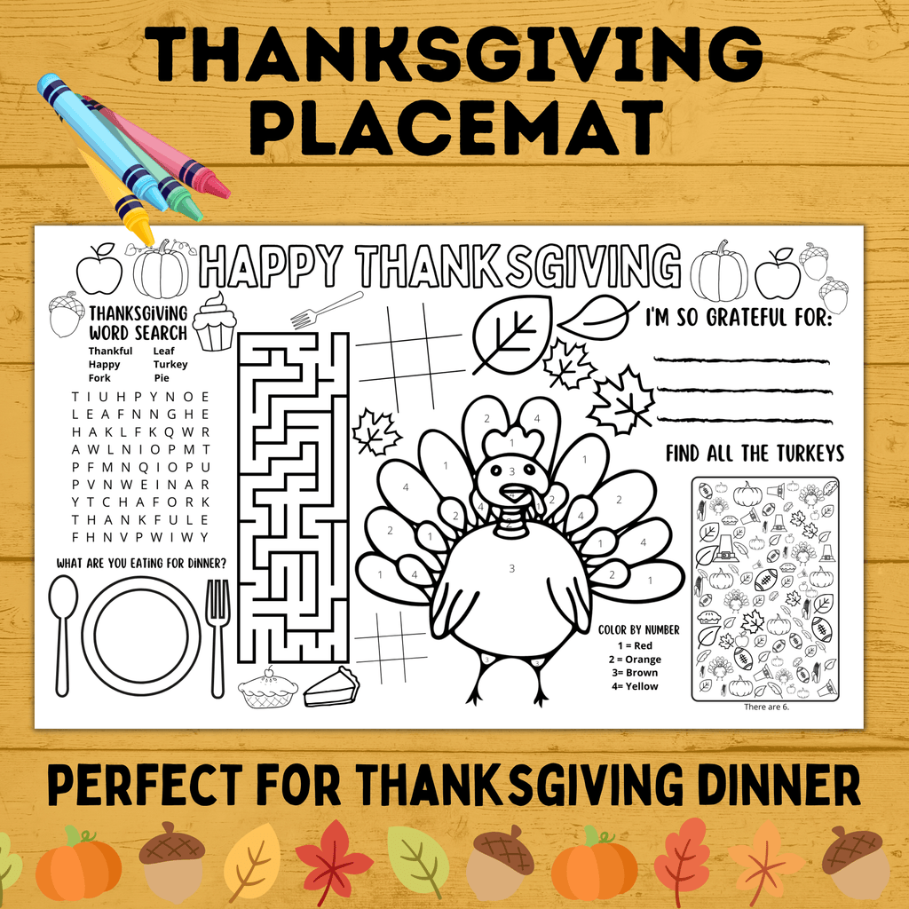 Thanksgiving Place Mat for Kids 8.5 x 14 Size | Kids Activity Sheet | Thanksgiving Activity Sheet | Thanksgiving Games | PDF download