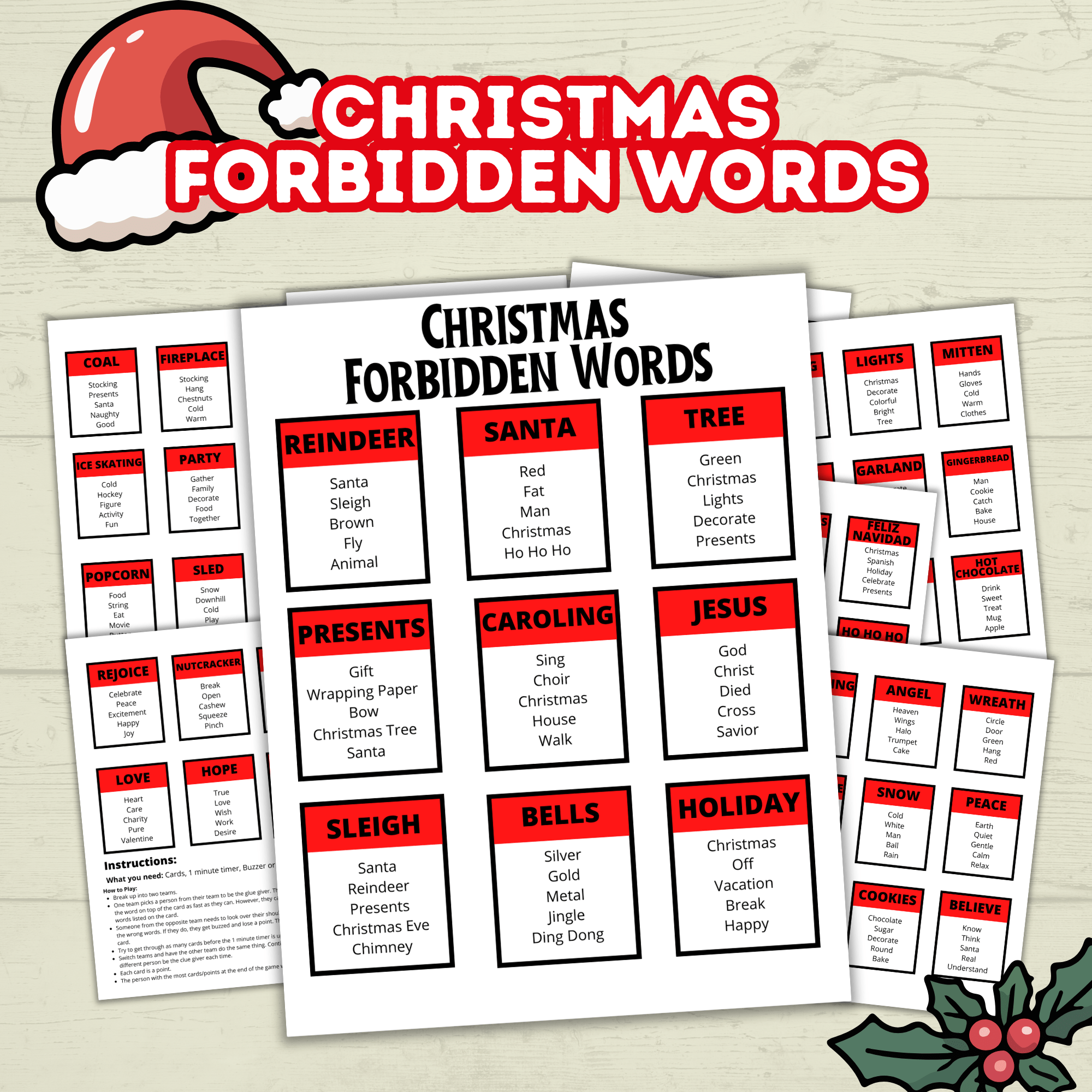 Christmas Classroom Printable Cards Game for Kids, Christmas Forbidden Words