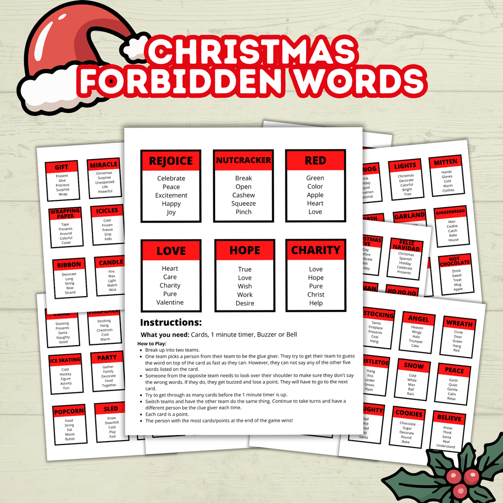 Christmas Classroom Printable Cards Game for Kids, Christmas Forbidden Words