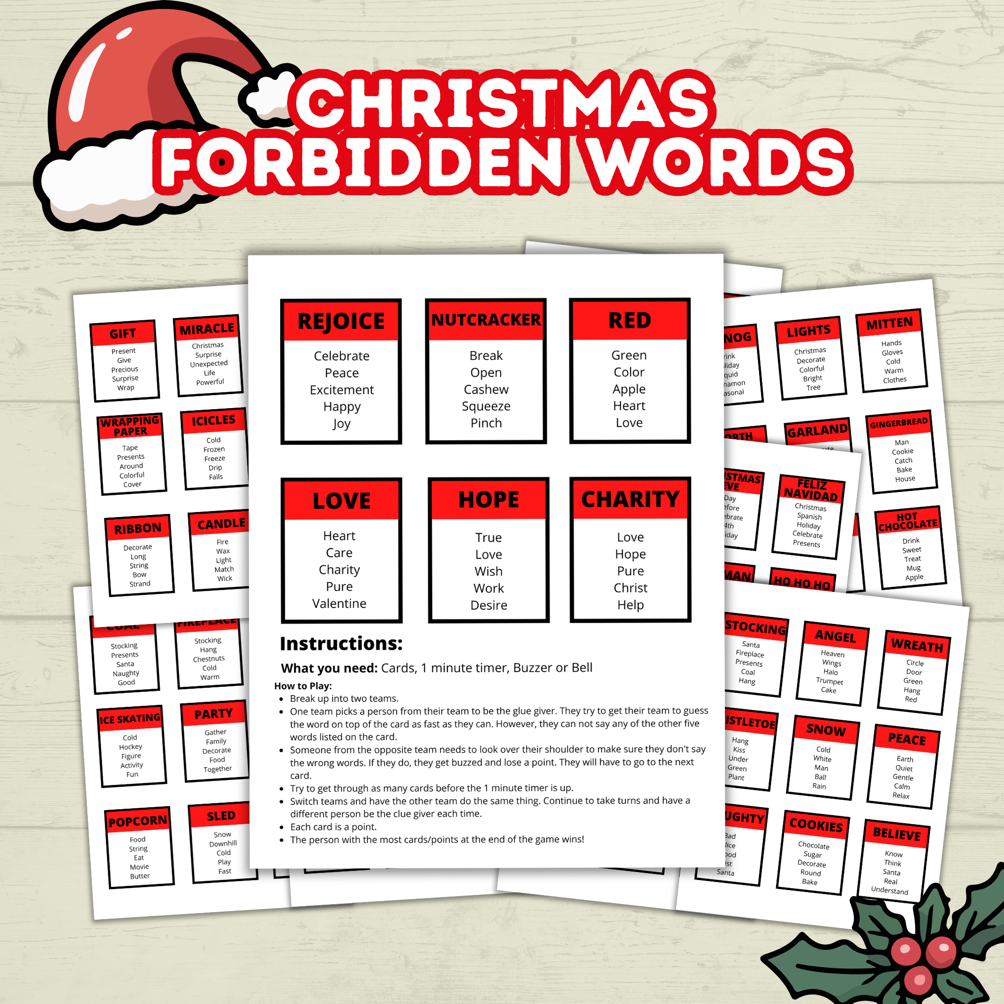 Christmas Classroom Printable Cards Game for Kids, Christmas Forbidden Words