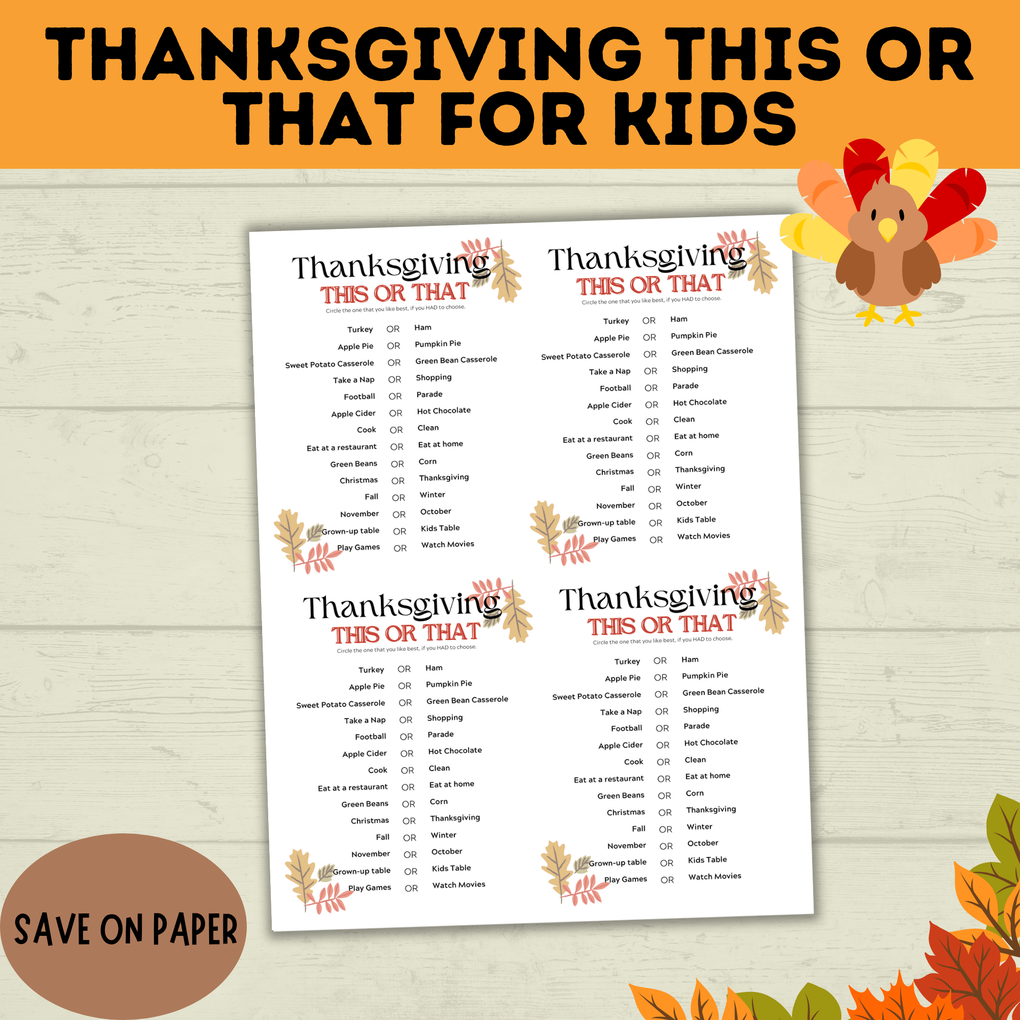 Thanksgiving This or That | Thanksgiving Game | Dinner Game | Party Game | Kids Activities | Kids Games | Thanksgiving Activity