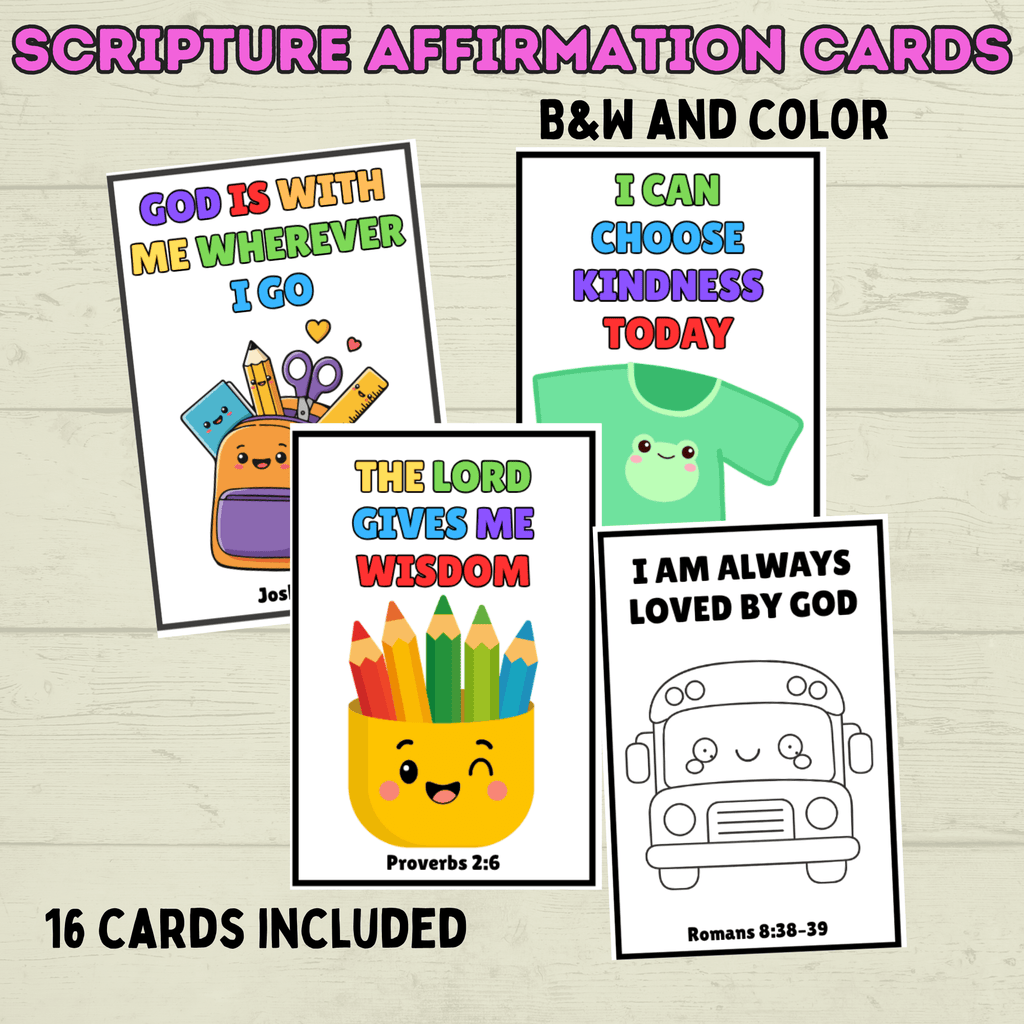 Back to School Affirmation Scripture Cards, Scripture Verse Cards, Christian Affirmations, Kids Prayer Cards