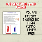 Moses True and False, Moses Trivia, Moses Activity, Sunday School Activity, Bible Lesson, Old Testament, Genesis, Exodus, Christian Activity