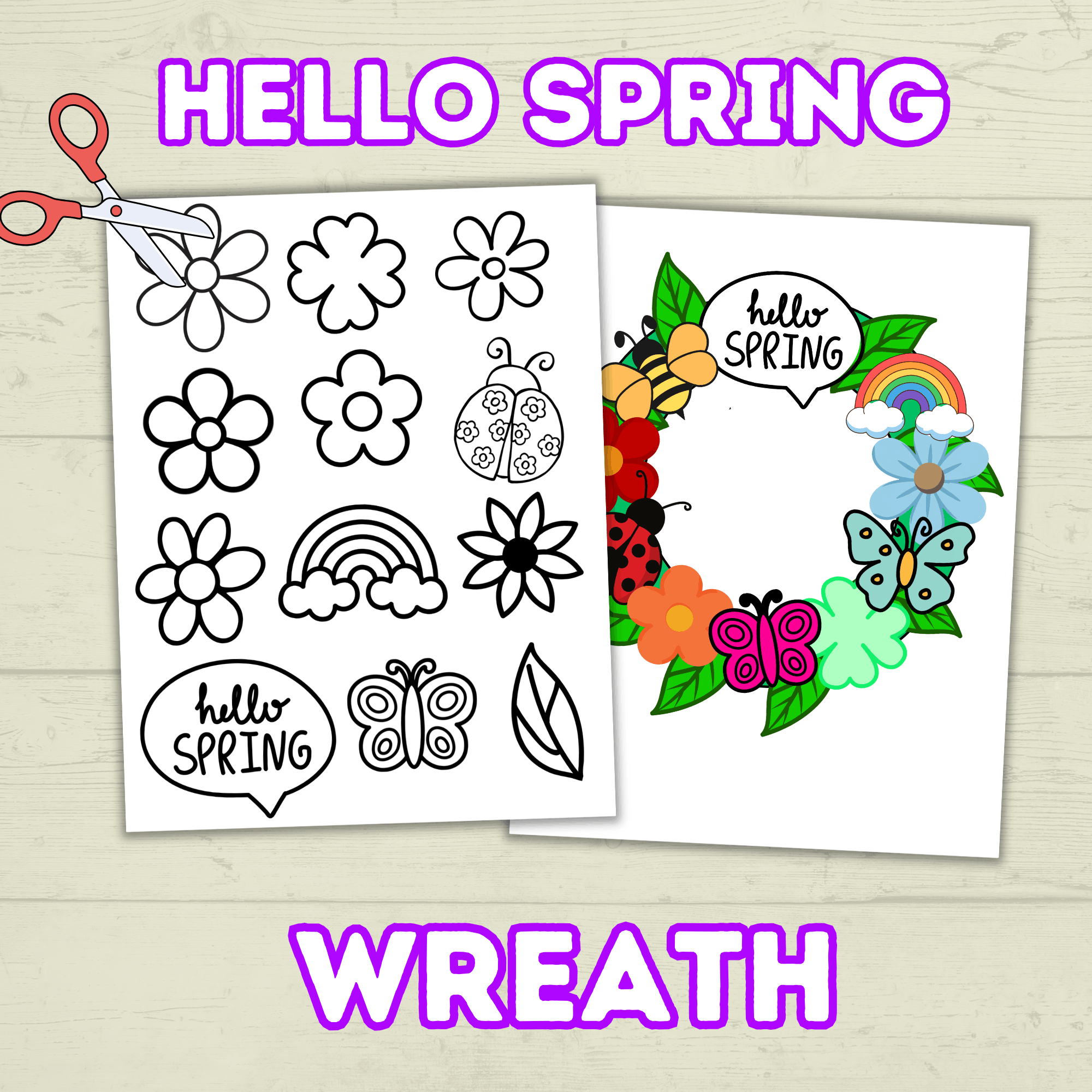 Hello Spring Wreath, Cut and Paste Craft, Paper Craft for Kids, Classroom Craft