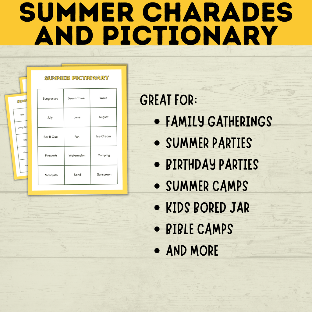 Summer Pictionary for Kids and Family | Summer Charades | Summer Activities | Party Activities | Party Games | Kids Games | Summer Games