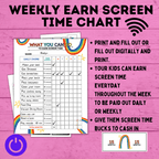 Weekly Earn Screen Time Chart for Kids | Screen Time Chart | TV Chart | Cell Phone Chart | Electronic Chart | Chore Chart | Kids Chart