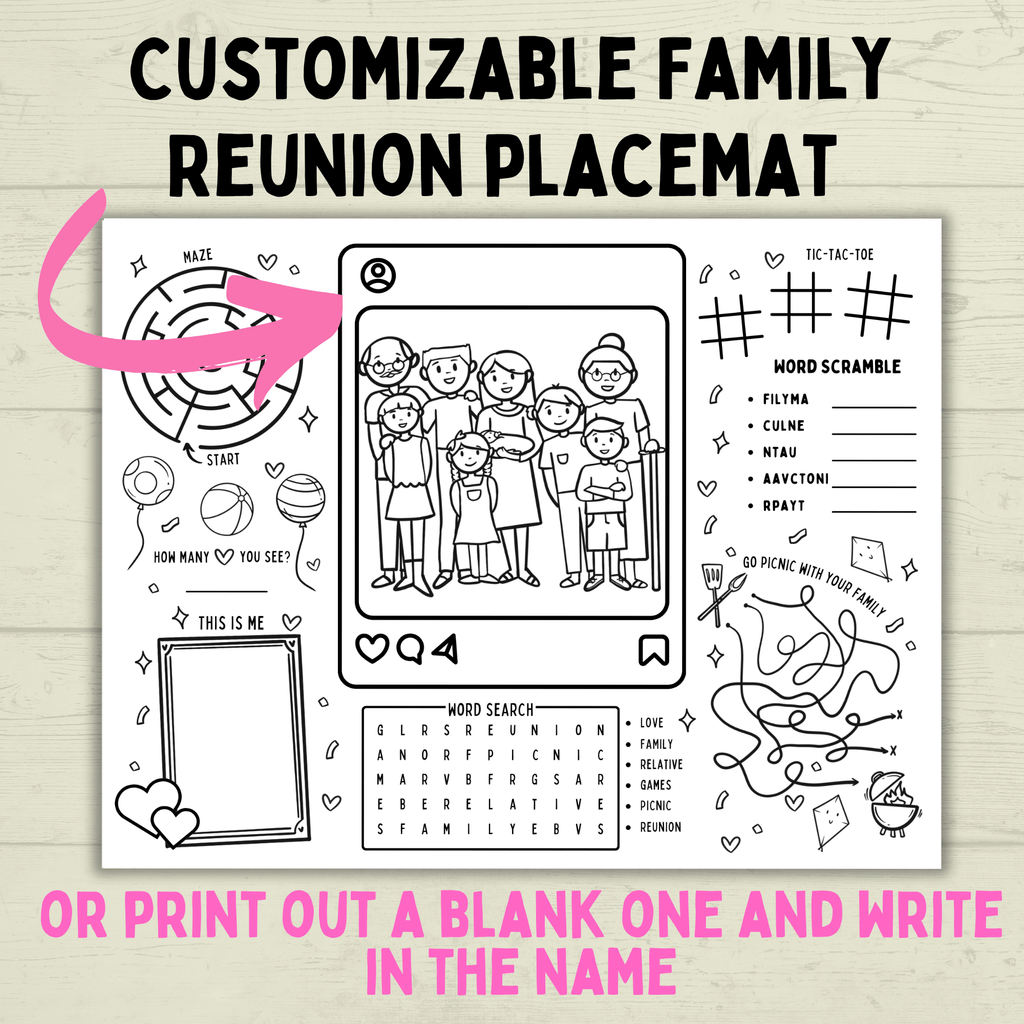 Family Reunion Activity Sheet | Family Reunion Placemat | Family Activity | Family Game | Customizable placemat | Kids Activity Sheet