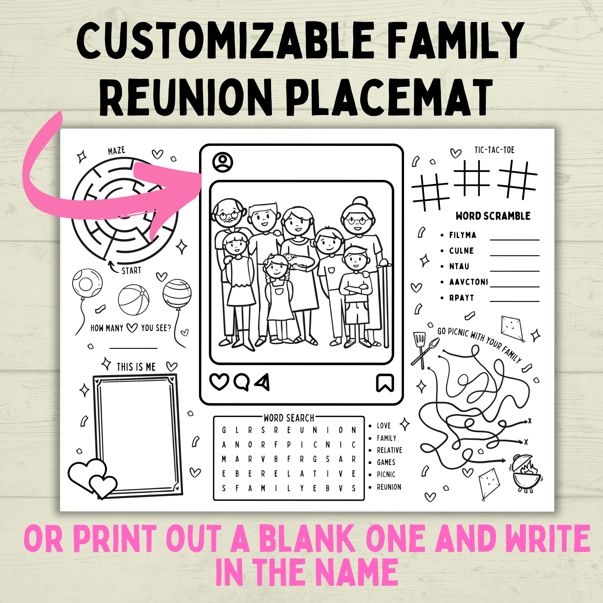 Family Reunion Activity Sheet | Family Reunion Placemat | Family Activity | Family Game | Customizable placemat | Kids Activity Sheet