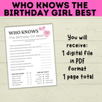 Birthday Girl Trivia Game | Birthday Girl Game | Birthday | Kids Printables | Birthday Printable | Who Knows Them Best