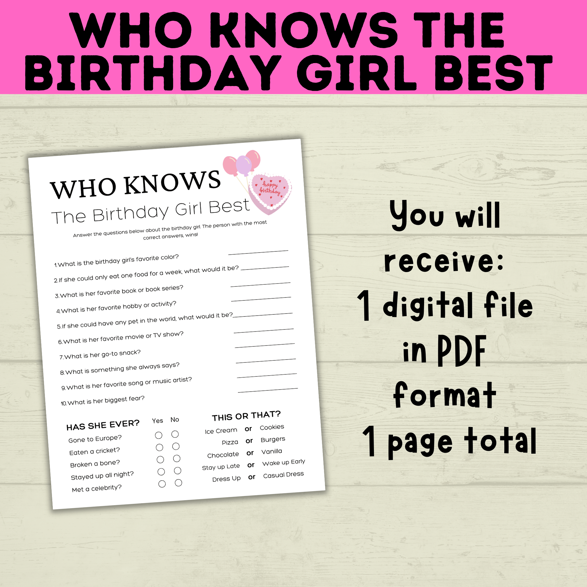 Birthday Girl Trivia Game | Birthday Girl Game | Birthday | Kids Printables | Birthday Printable | Who Knows Them Best