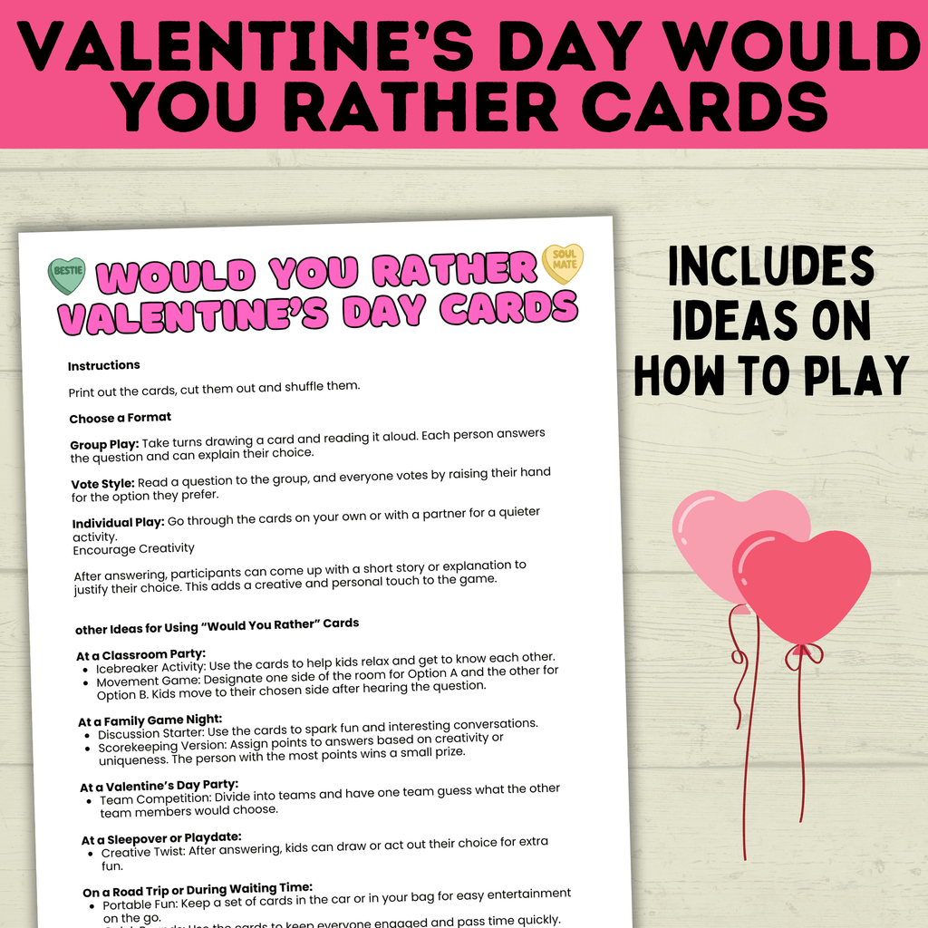 Would you rather for kids | Kids games | Valentine's day Games | Party Games | Classroom Games | Kids Activities | Kids Cards | PDF