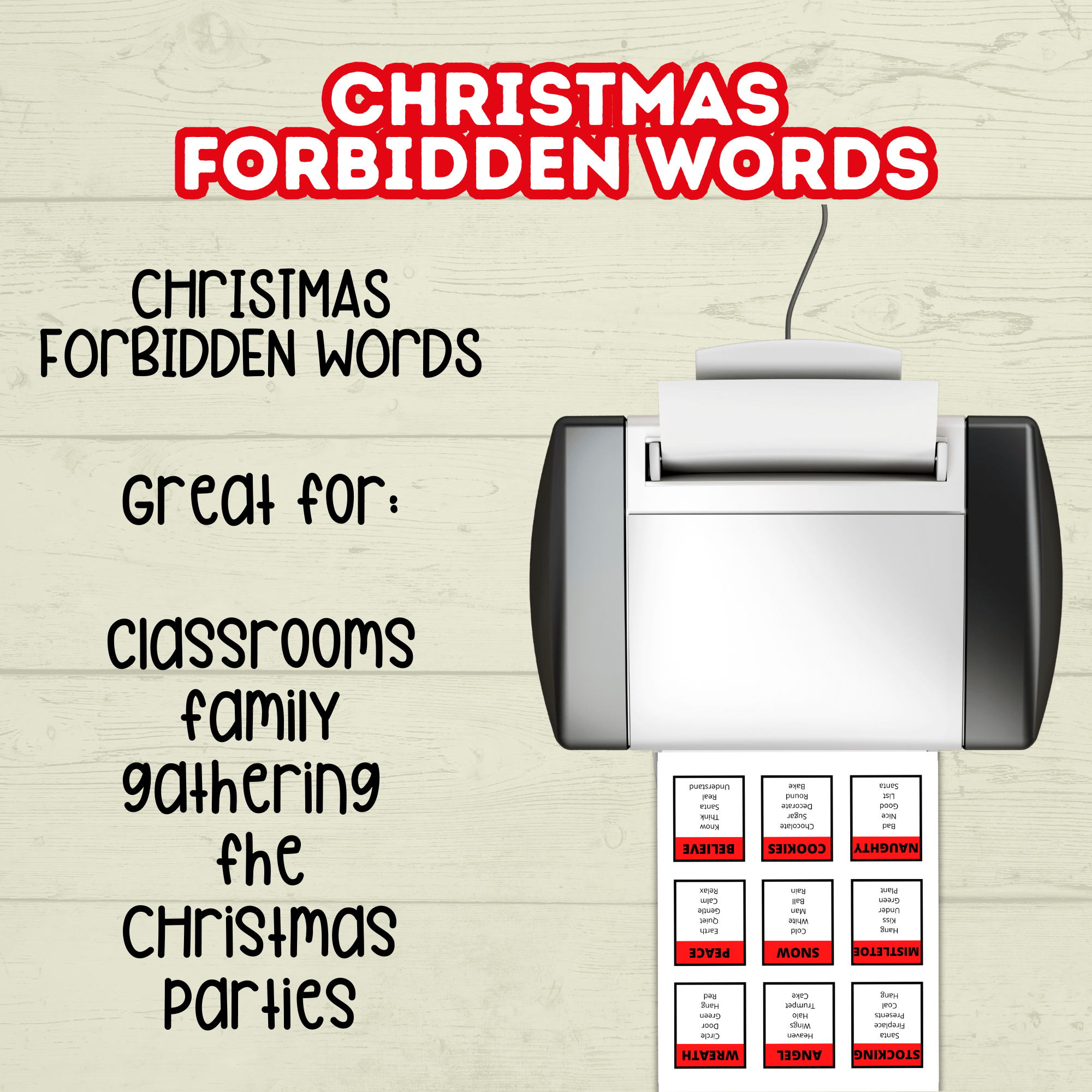 Christmas Classroom Printable Cards Game for Kids, Christmas Forbidden Words