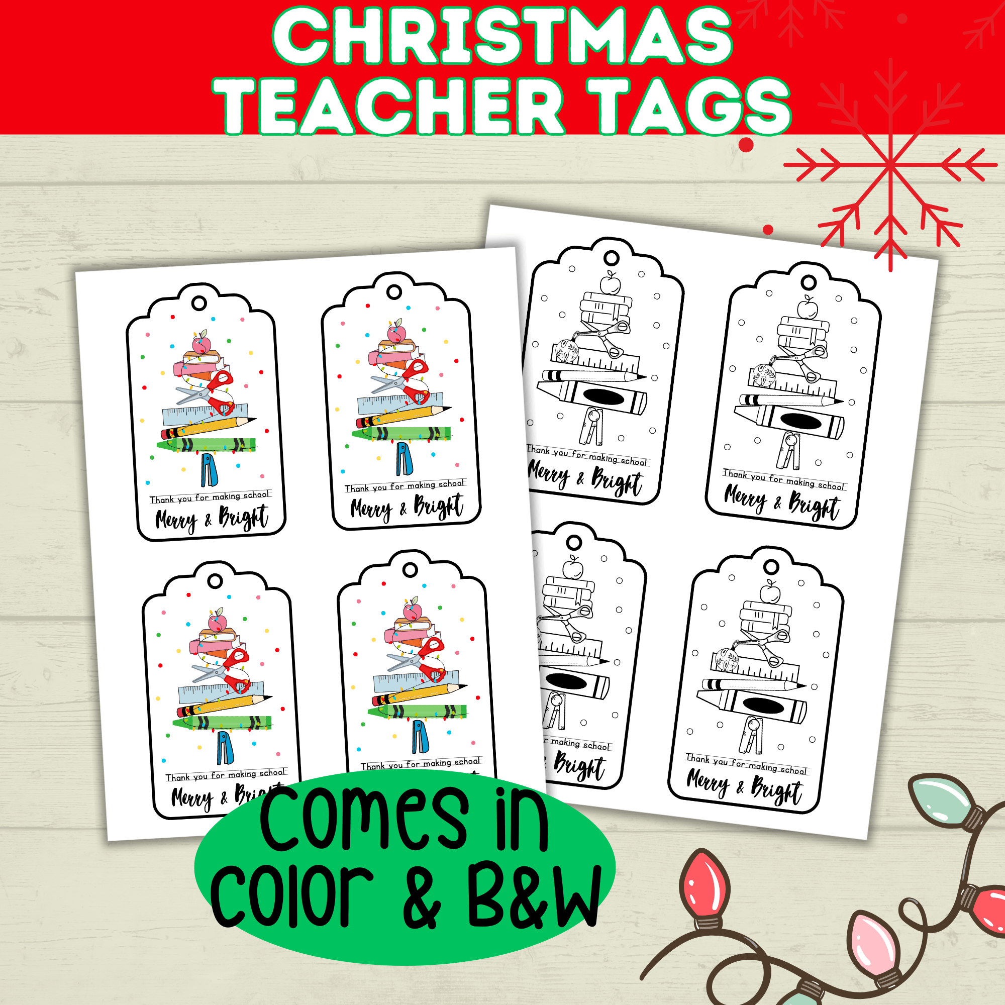 Christmas Classroom Teacher Tags Printable from Kids, Merry and Bright Holiday Gift, PDF Digital Download