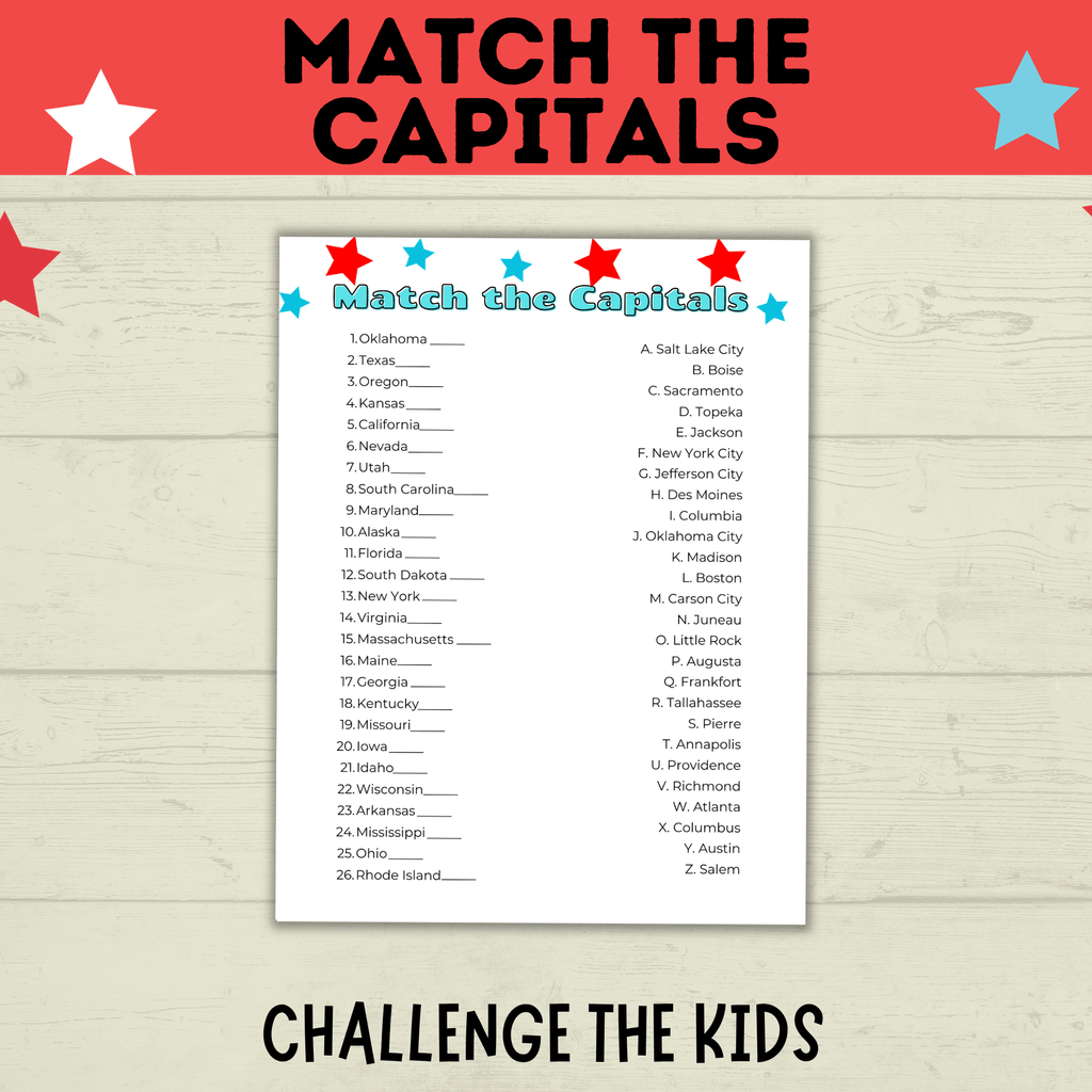 Match the Capitals Game | Party Game | History Game | 4th of July Game | Capital's Game | Geography Game | PDF digital download
