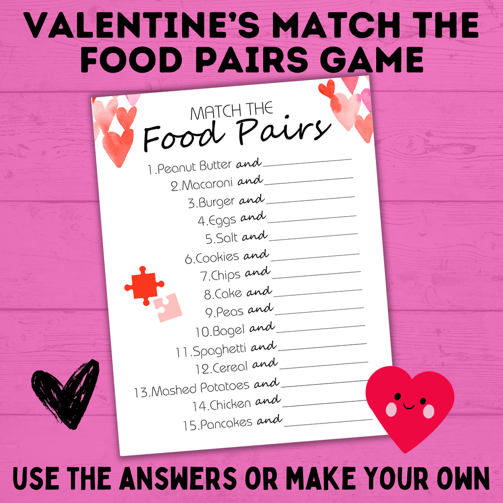 Valentine's Day Games | Valentine's Day Match Game | Food Pairs Game | Classroom Party Game | Valentine's Day Party | Kids Printables