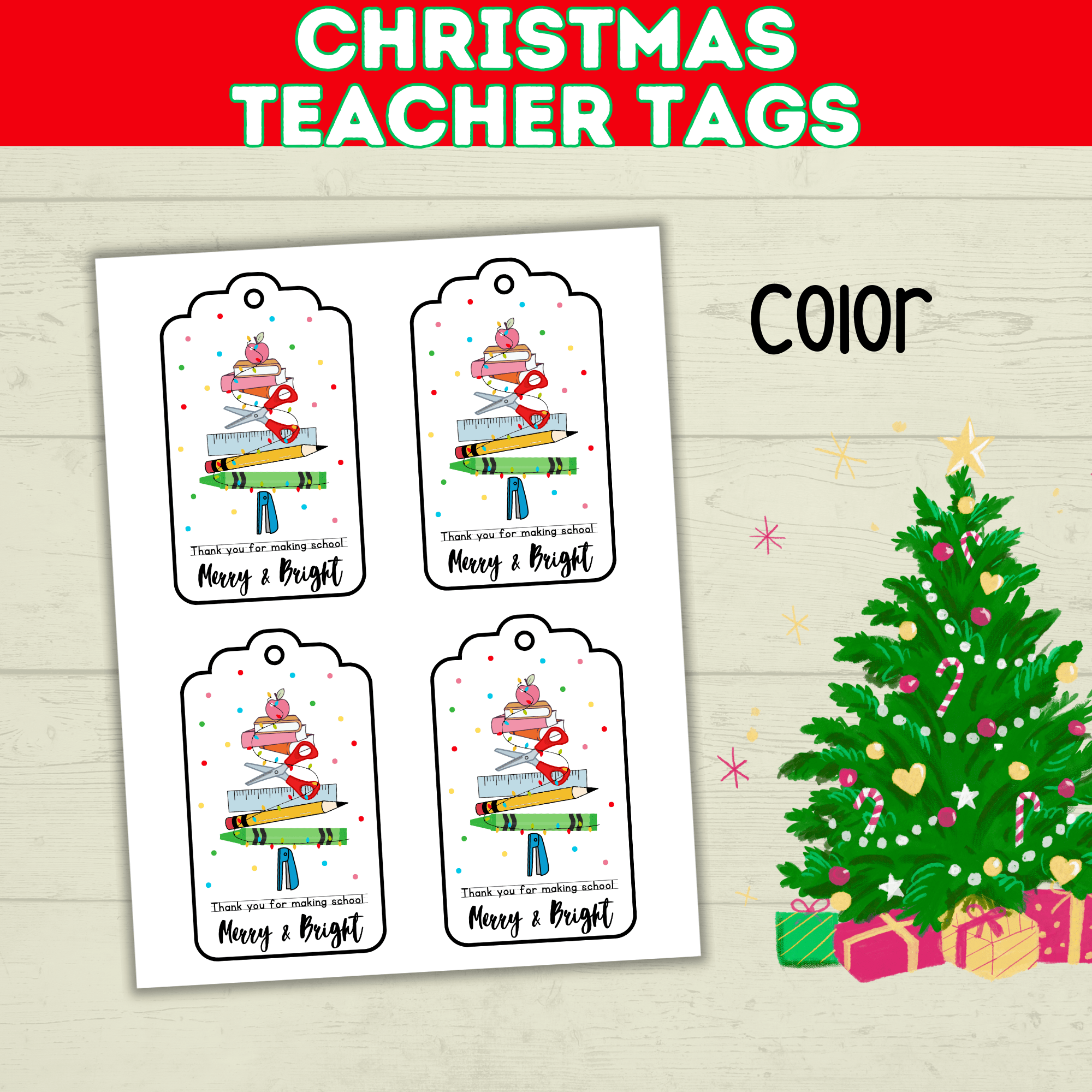 Christmas Classroom Teacher Tags Printable from Kids, Merry and Bright Holiday Gift, PDF Digital Download