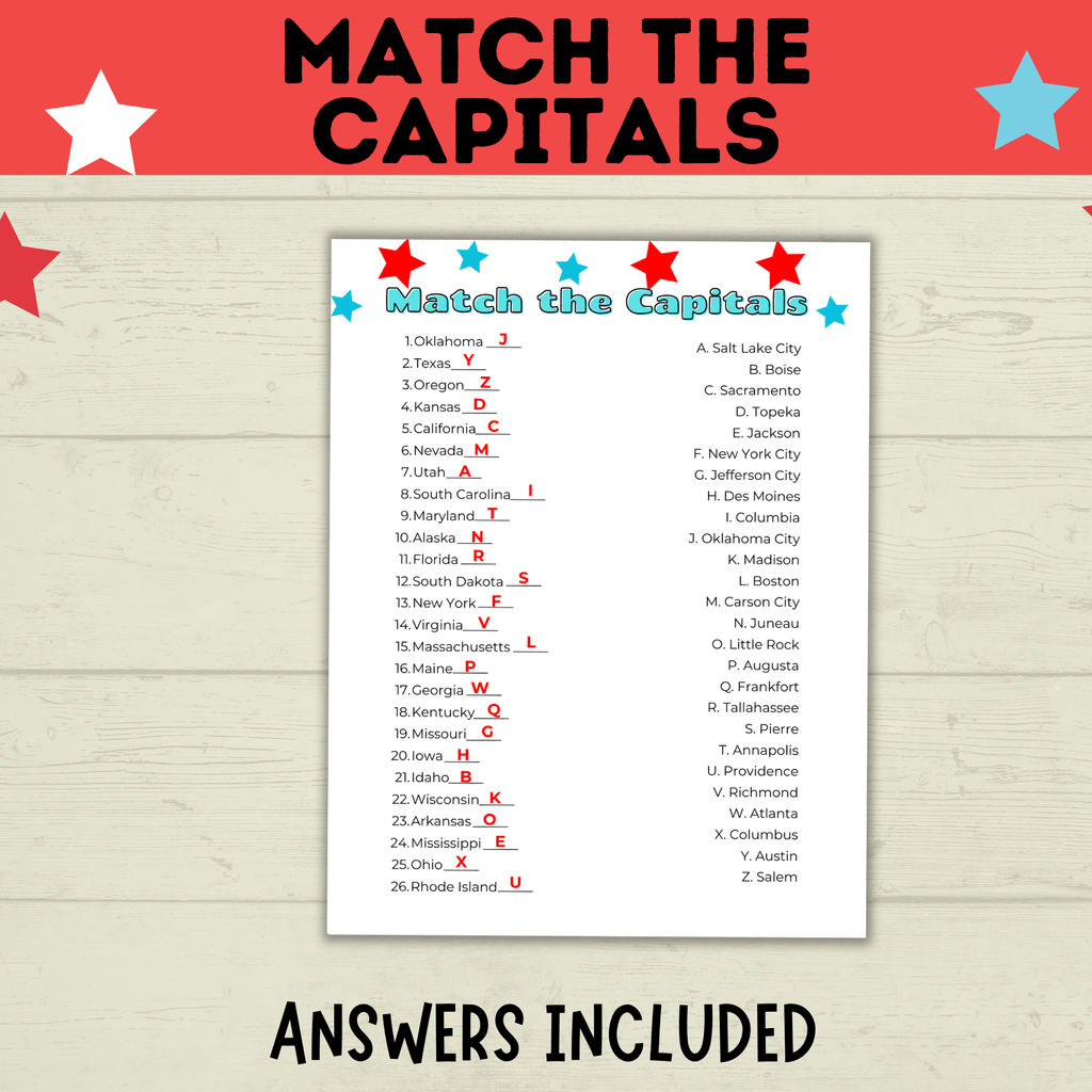 Match the Capitals Game | Party Game | History Game | 4th of July Game | Capital's Game | Geography Game | PDF digital download