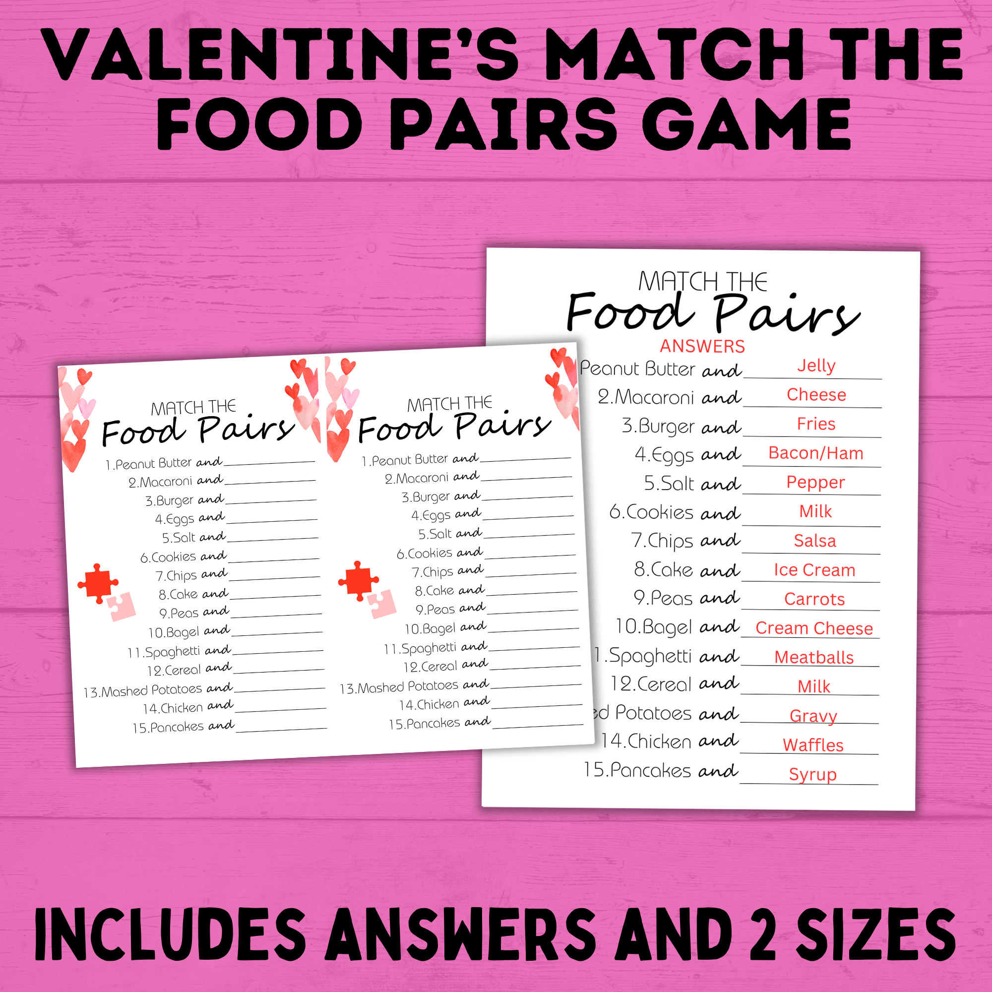 Valentine's Day Games | Valentine's Day Match Game | Food Pairs Game | Classroom Party Game | Valentine's Day Party | Kids Printables