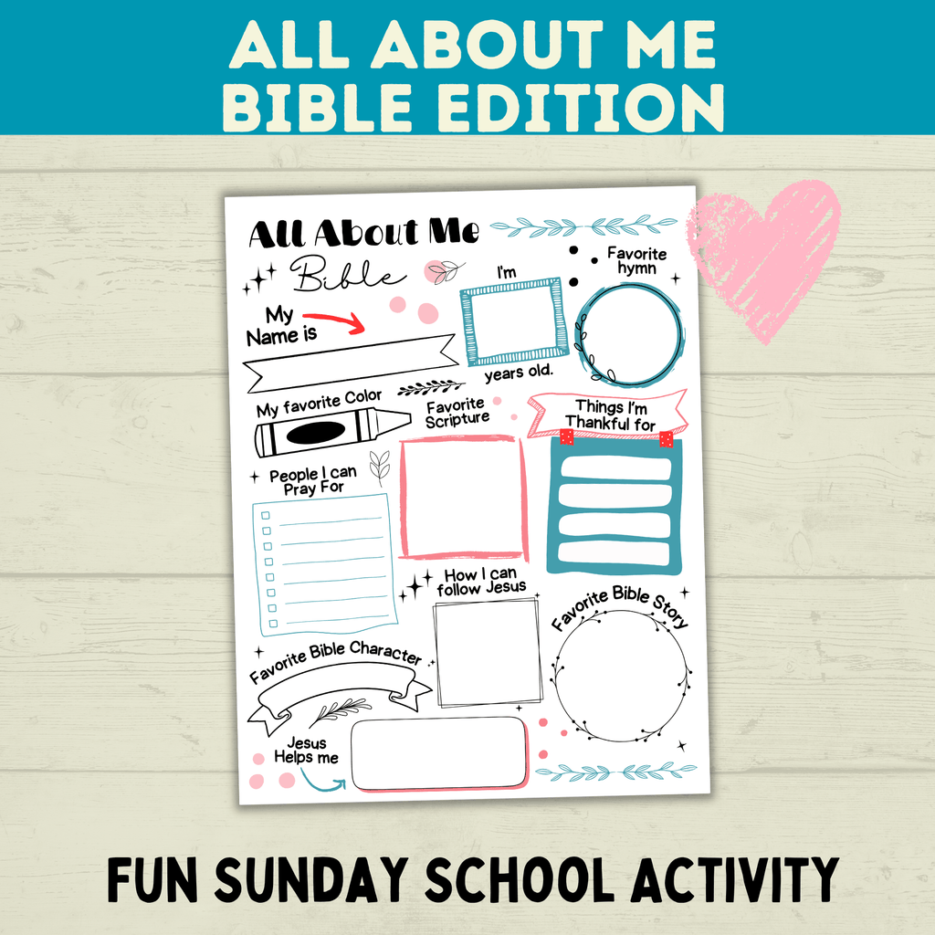 All About Me Bible Christian Worksheet for Kids, Sunday School Activity