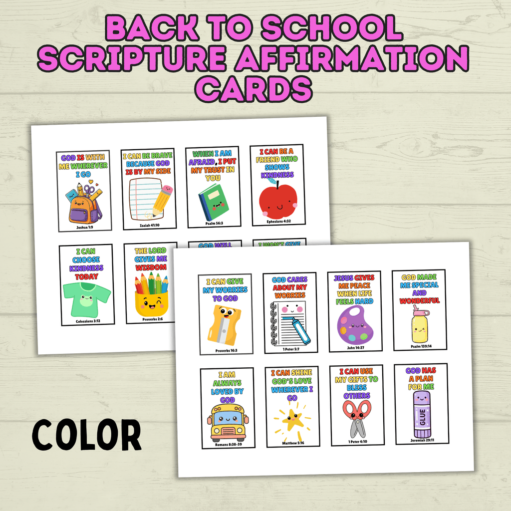 Back to School Affirmation Scripture Cards, Scripture Verse Cards, Christian Affirmations, Kids Prayer Cards
