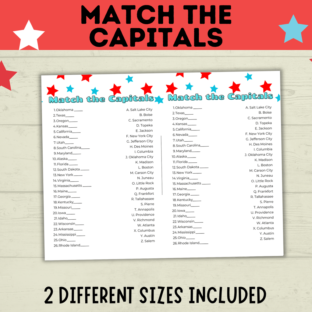 Match the Capitals Game | Party Game | History Game | 4th of July Game | Capital's Game | Geography Game | PDF digital download