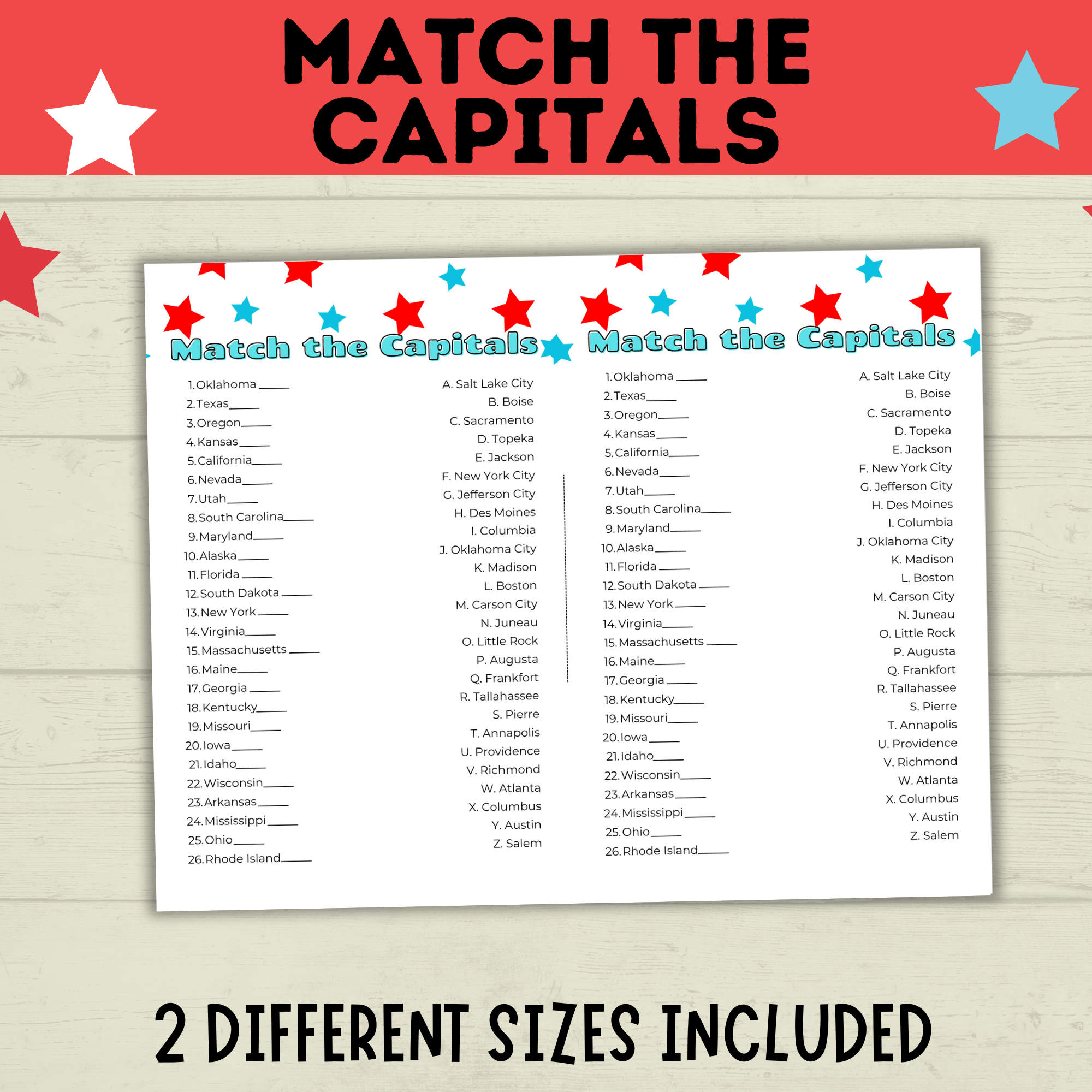 Match the Capitals Game | Party Game | History Game | 4th of July Game | Capital's Game | Geography Game | PDF digital download