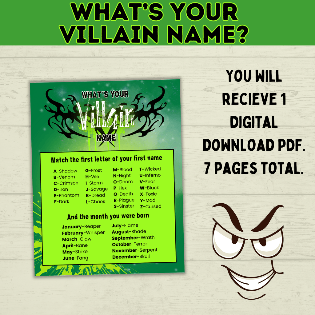 What's Your Villain Name Game? Kid's Birthday Party Games | Halloween Games for Kids | PDF Digital Download