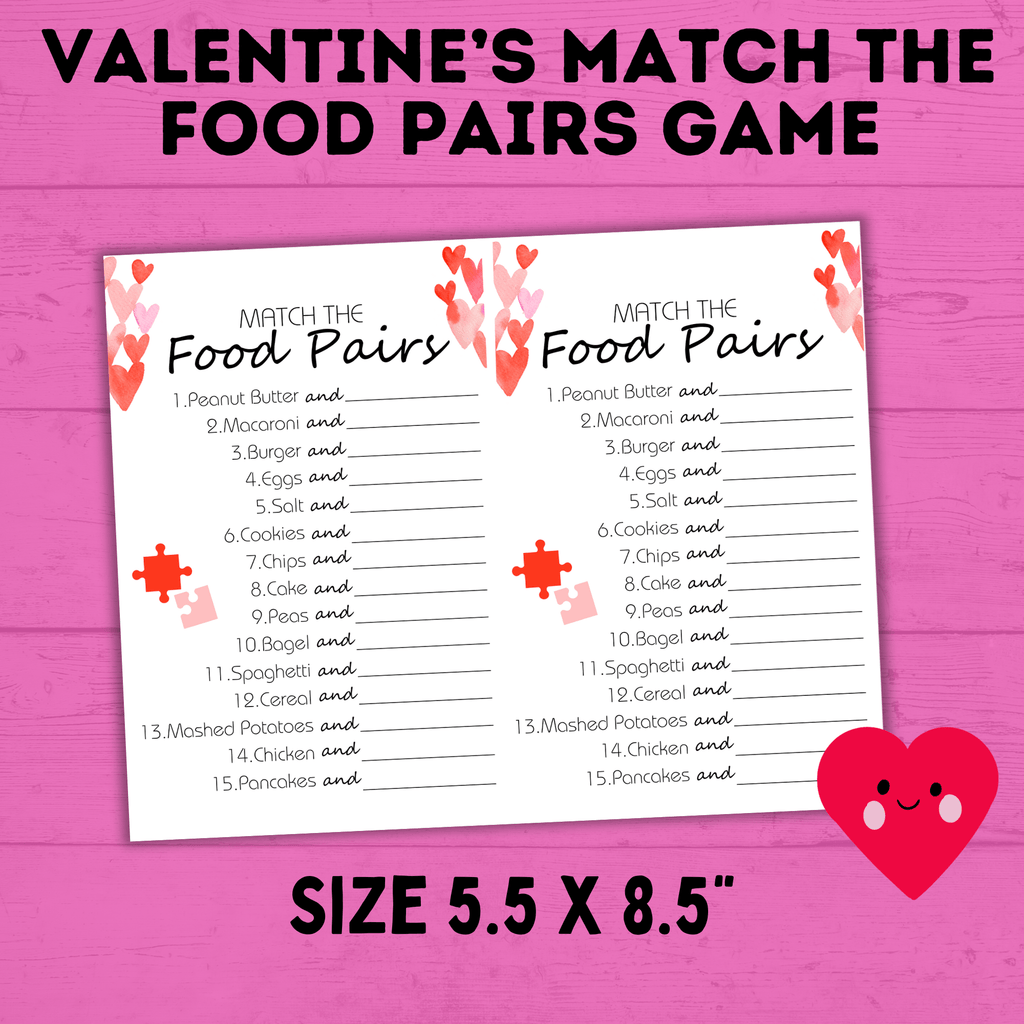 Valentine's Day Games | Valentine's Day Match Game | Food Pairs Game | Classroom Party Game | Valentine's Day Party | Kids Printables