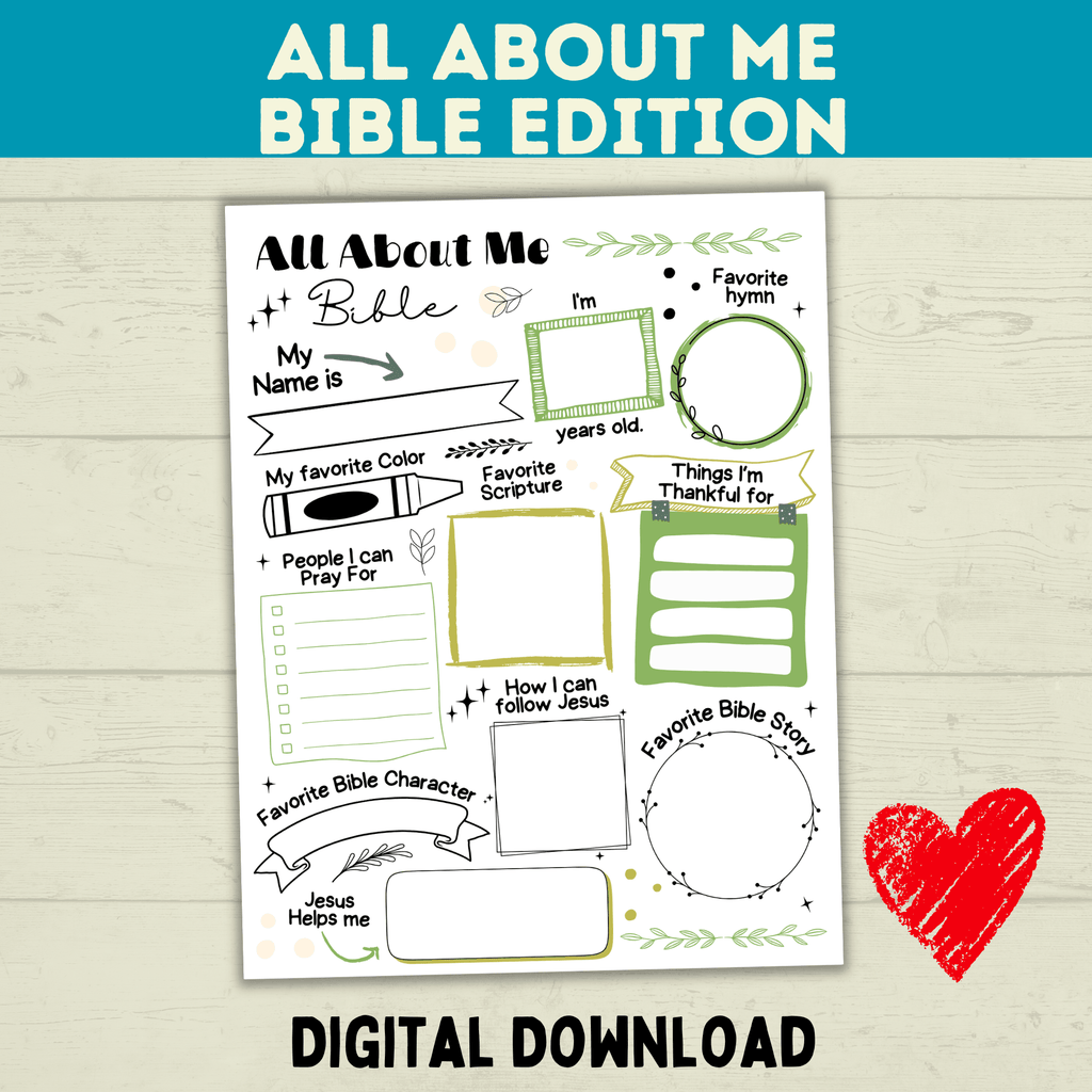 All About Me Bible Christian Worksheet for Kids, Sunday School Activity